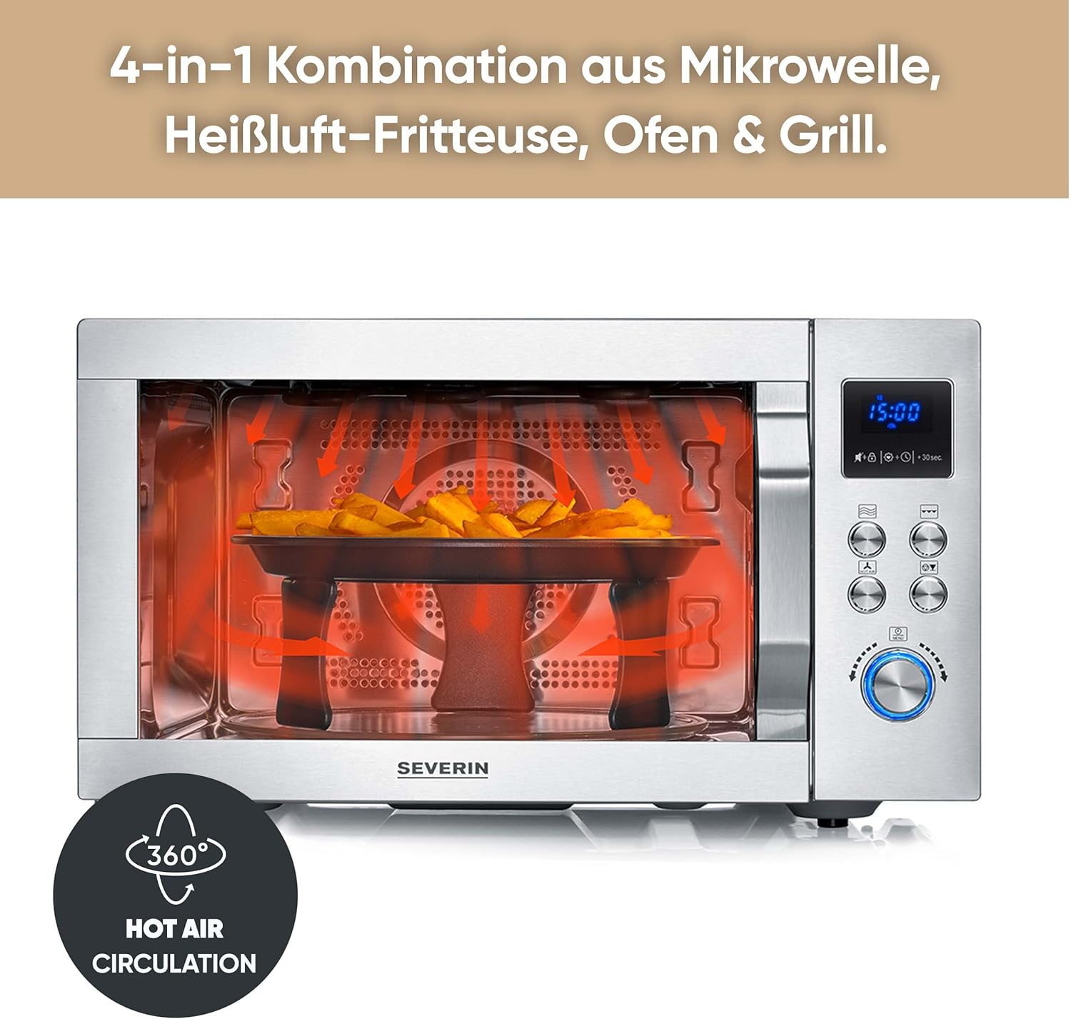 SEVERIN Mikrowelle mit Grill und Heißluftfunktion 3-in-1, zum Auftauen, Garen und Erhitzen, Mikrowelle mit Drehteller, Edelstahl-gebürstet/silber, MW 7774