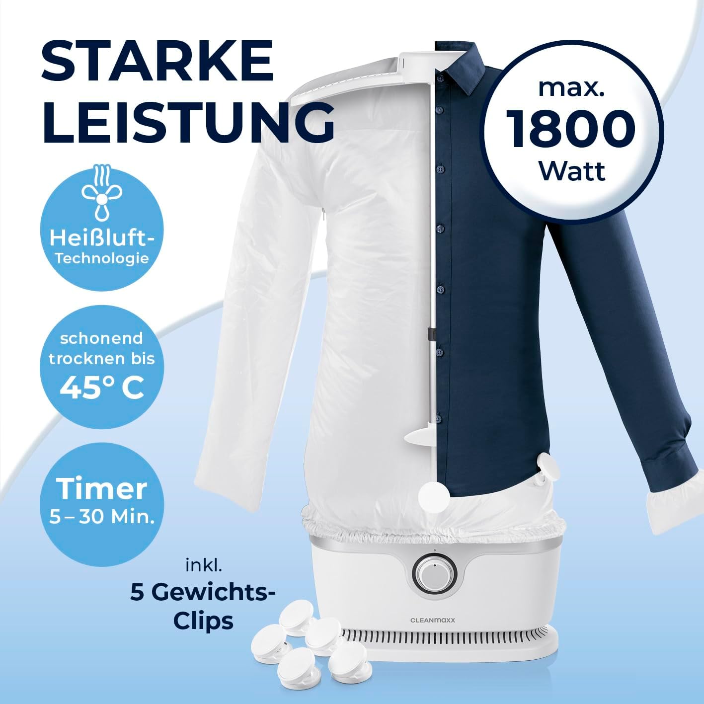 CLEANmaxx Automatischer Hemden-Bügler zum Trocknen und Gltten von Hemden & Blusen inklusive Aufsatz für Hosen | Die innovative und schonende Art, Ihre Wsche zu gltten