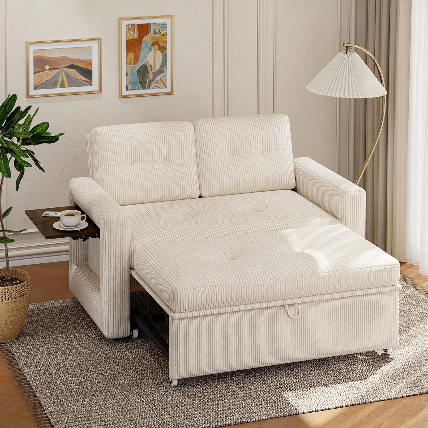 YOUDENOVA Sofá Cama 3 en 1, Sillón Cama multifunción, Sofá reclinable con Respaldo Regulable en 5 Posiciones, Sofá Cama para 2 Personas con Mesa y Bolsillos Laterales, Pana Beige