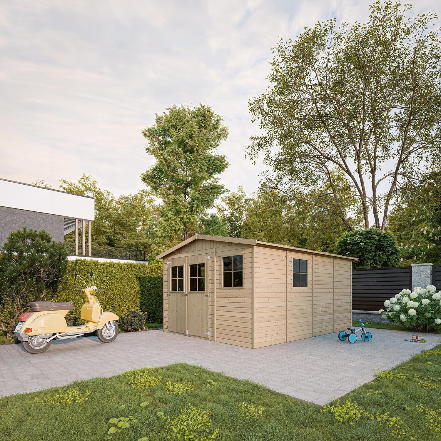 Wooden Garden Shed with Treated Floor – 324 x 416 cm/12 m² Natural Wood Shed – Garden Workshop – Bicycle, Tool Storage TIMBELA M336+M336G