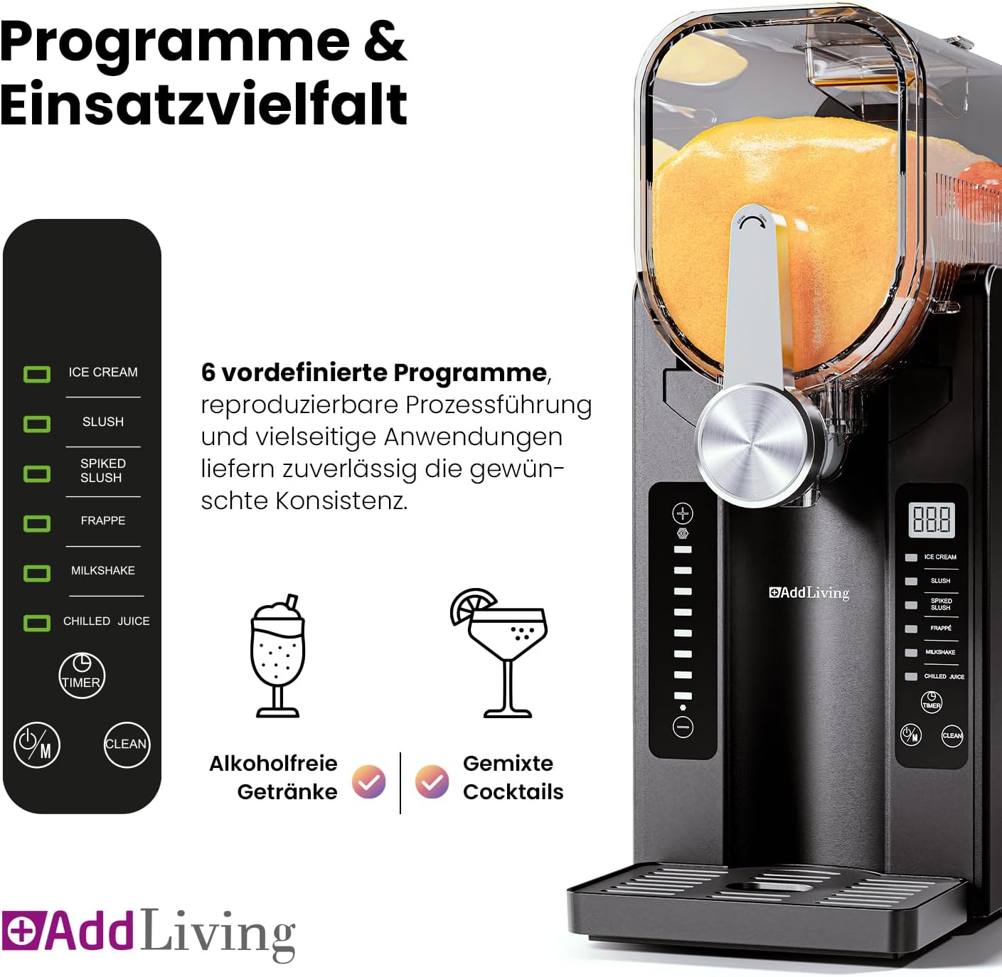 SLUSH Maschine für Zuhause | Slushy Maker & Eismaschine mit 6 Programmen | 2,6L Slush Eis Maschine für Cocktails, Slush-Eis, Softeis, Frappe, Milchshakes | Selbstreinigend | Schwarz/Silber