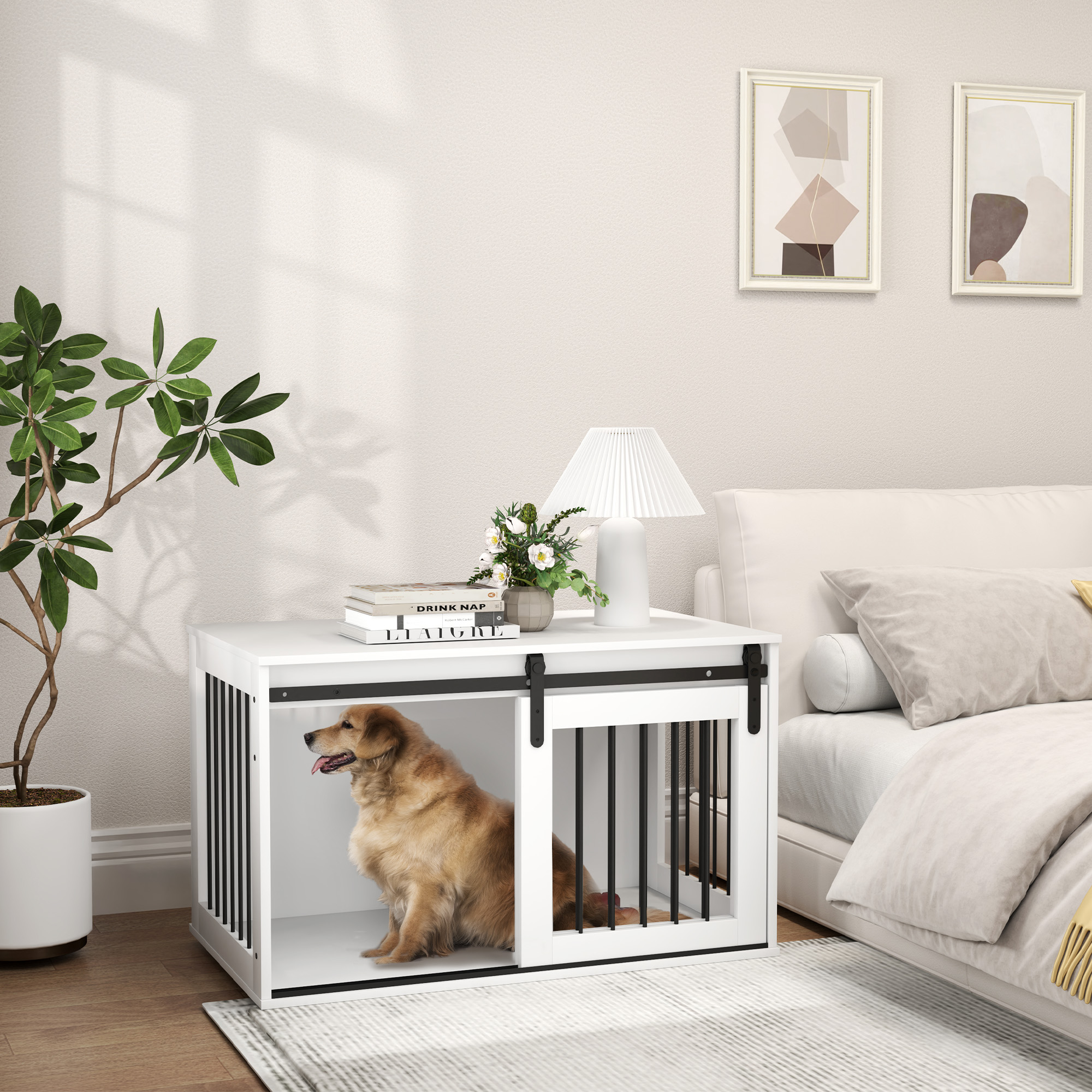 PawHut Hondenkooi met Schuifdeur, Ventilatie, Spaanplaat en Staal, 98 x 58 x 61 cm, Wit