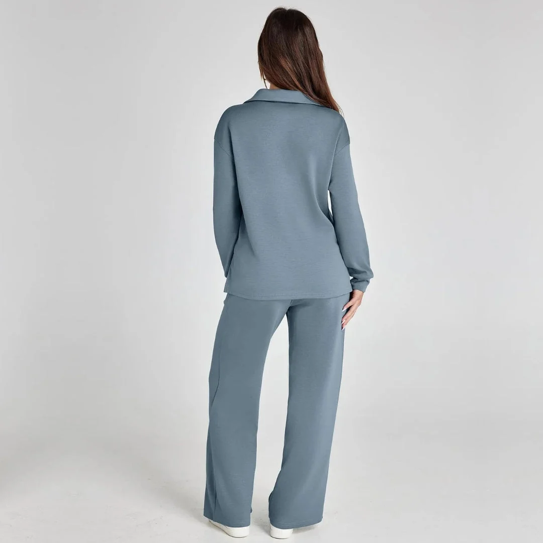 Damen Loungewear Set mit V-Ausschnitt Pullover und Weit Geschnittener Hose | Bequemer Hausanzug f��r Alltag und Freizeit