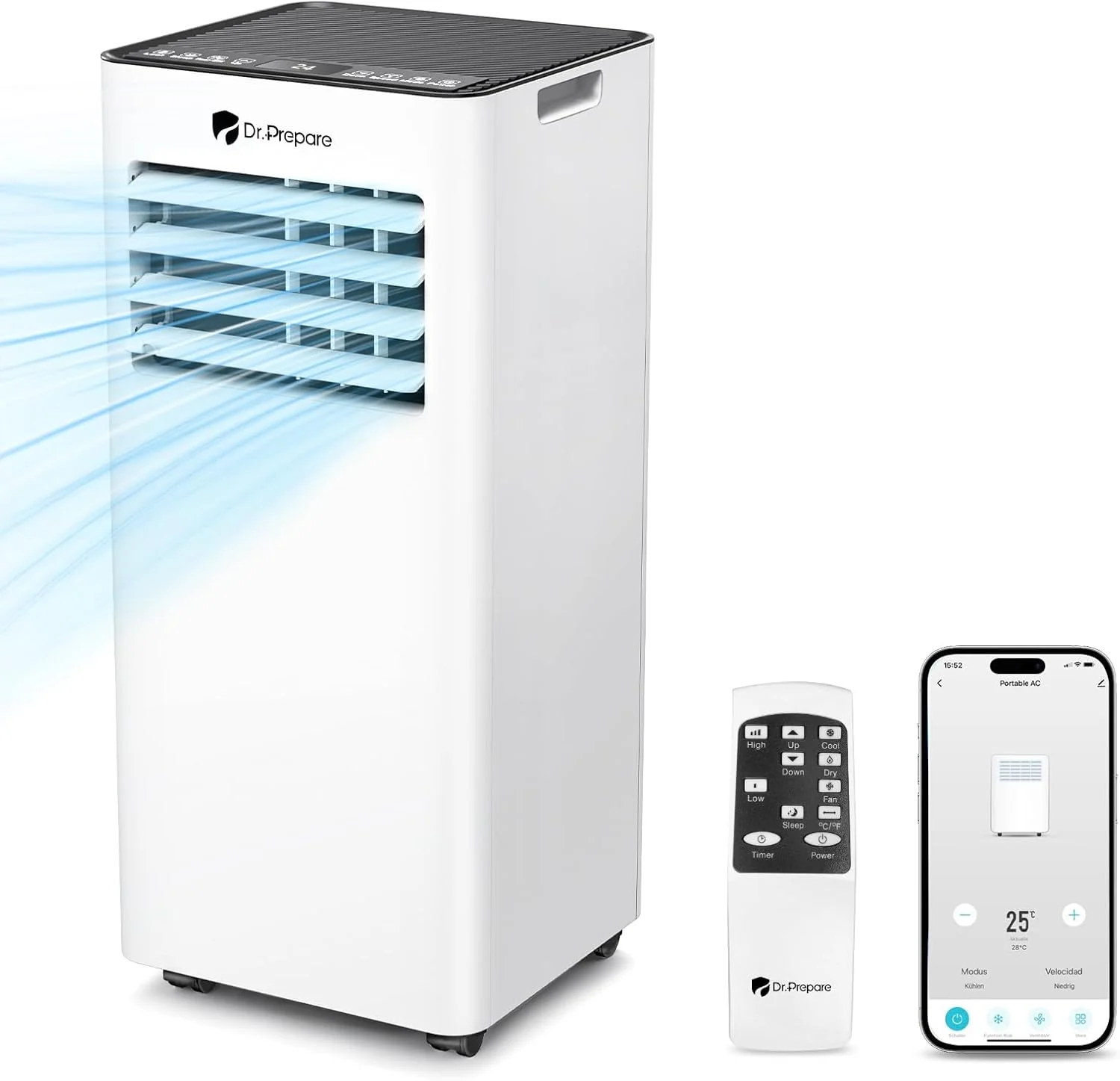 DR.PREPARE Mobiele Airconditioner 9000 BTU met APP, 4-in-1 Mobiele Airco met Afvoerslang, Koelen&Ventileren&Ontvochtigen, Ventilator & Slaapmodus met Afstandsbediening, Koelt tot 30m2, 1-24H Timer