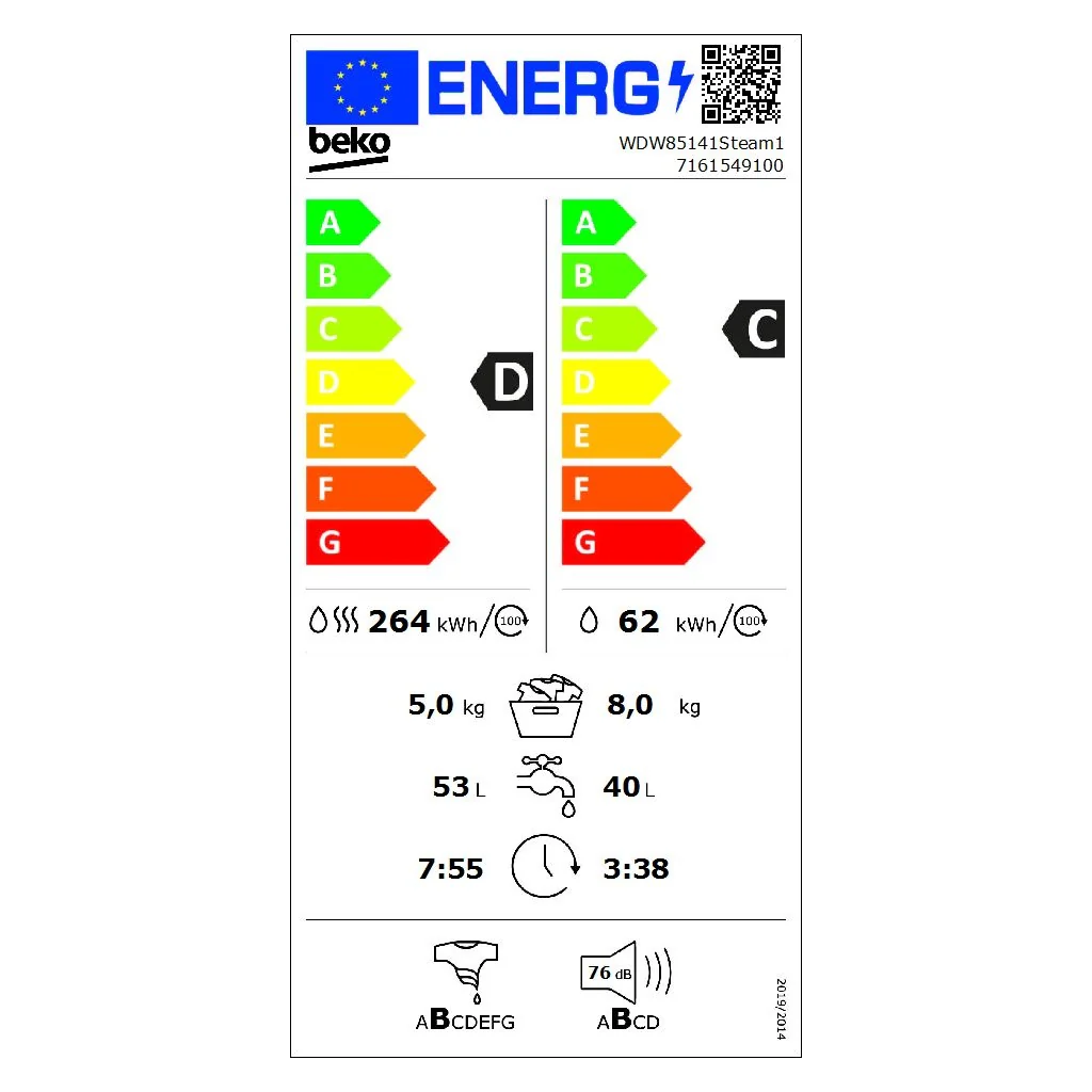 Beko Was-droger met XL-deur BT, 1400 tpm, stoomfunctie WDW85141Steam1
