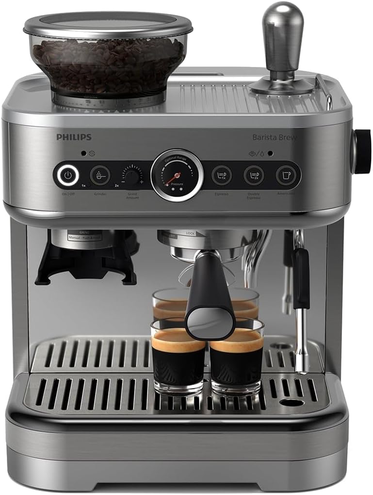 Philips Barista Brew Halbautomatische Espressomaschine - Einfacher & doppelter Espresso + Americano Taste, 250g Bohnenbehälter, Intuitive Führung, Kalibriertes Stampfen, Metall Silber (PSA3218/01)