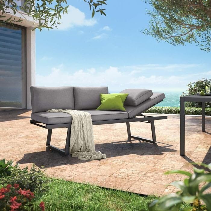 OUTLIV. Diningsofa Lucca Aluminium Olefin Anthrazit Dunkelgrau wasserabweisend 3-Sitzer mit Kissen 200x71x86 cm