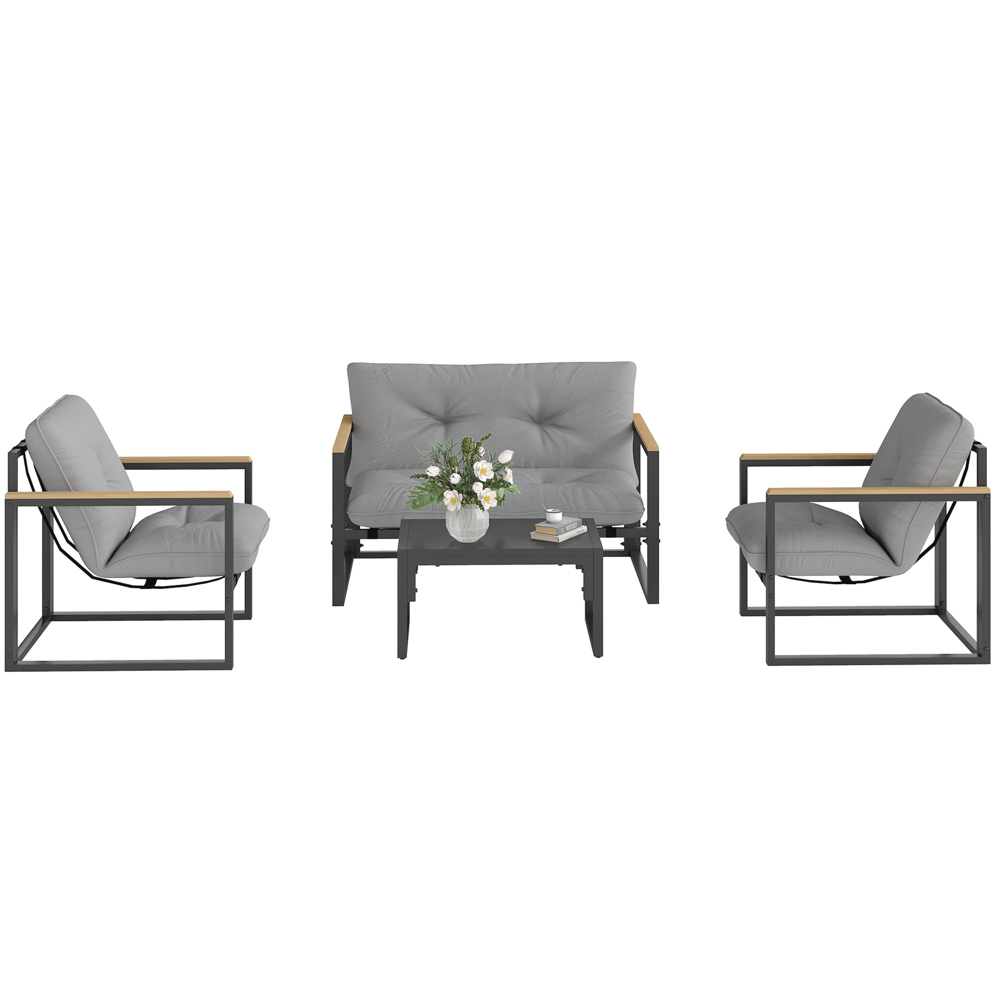Weerbestendige Tuinmeubelset voor 4 Personen met 2-zits Sofa, Fauteuils en Kussens Lichtgrijs