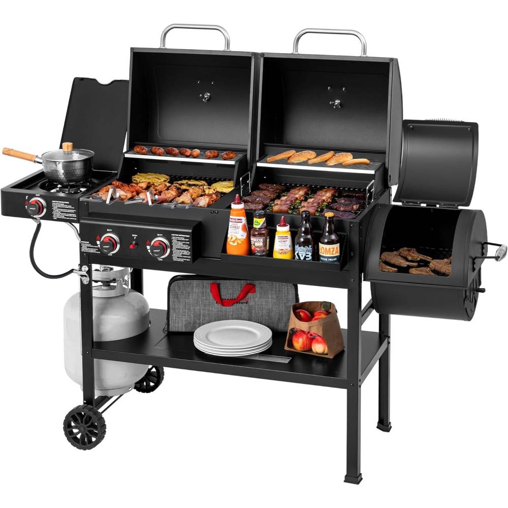 2-Burner Gas & Charcoal Combo Grill with Smoker & Side Burner, 34,000 BTU, 1020 Sq In, Black