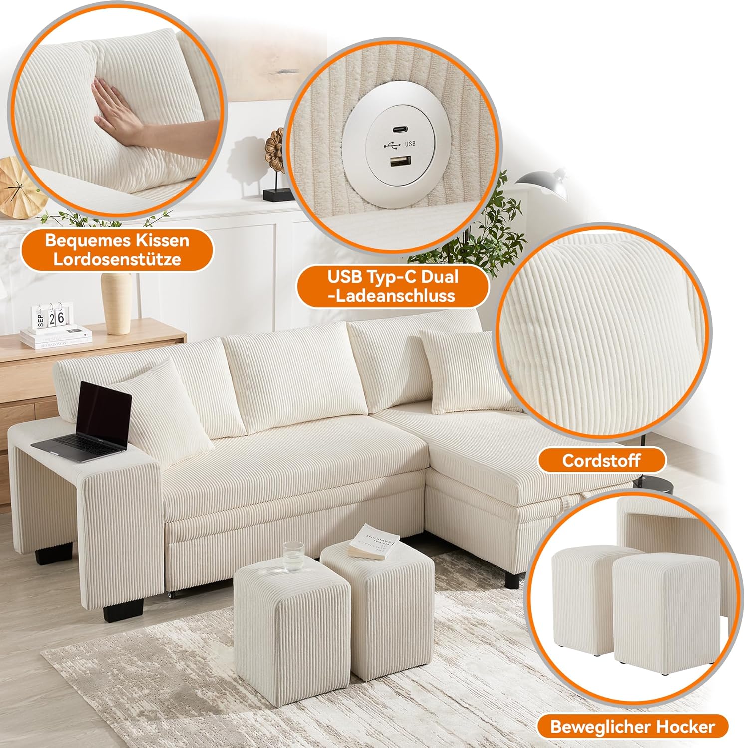 Klappsofa mit Schlaffunktion, L-förmiges umbaubares Ecksofa mit USB-Ladeanschluss und Kissen, 3-Sitzer-Umbausofa mit Seitenablagen und Stauraum