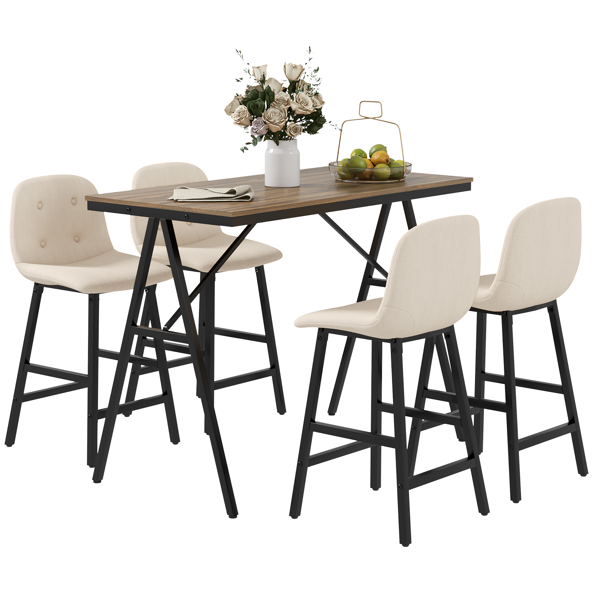 5-delige Bargarnituur, Tafel en 4 Stoelen, Knoopstiksel, Dikke Bekleding, Linnenlook, Beige