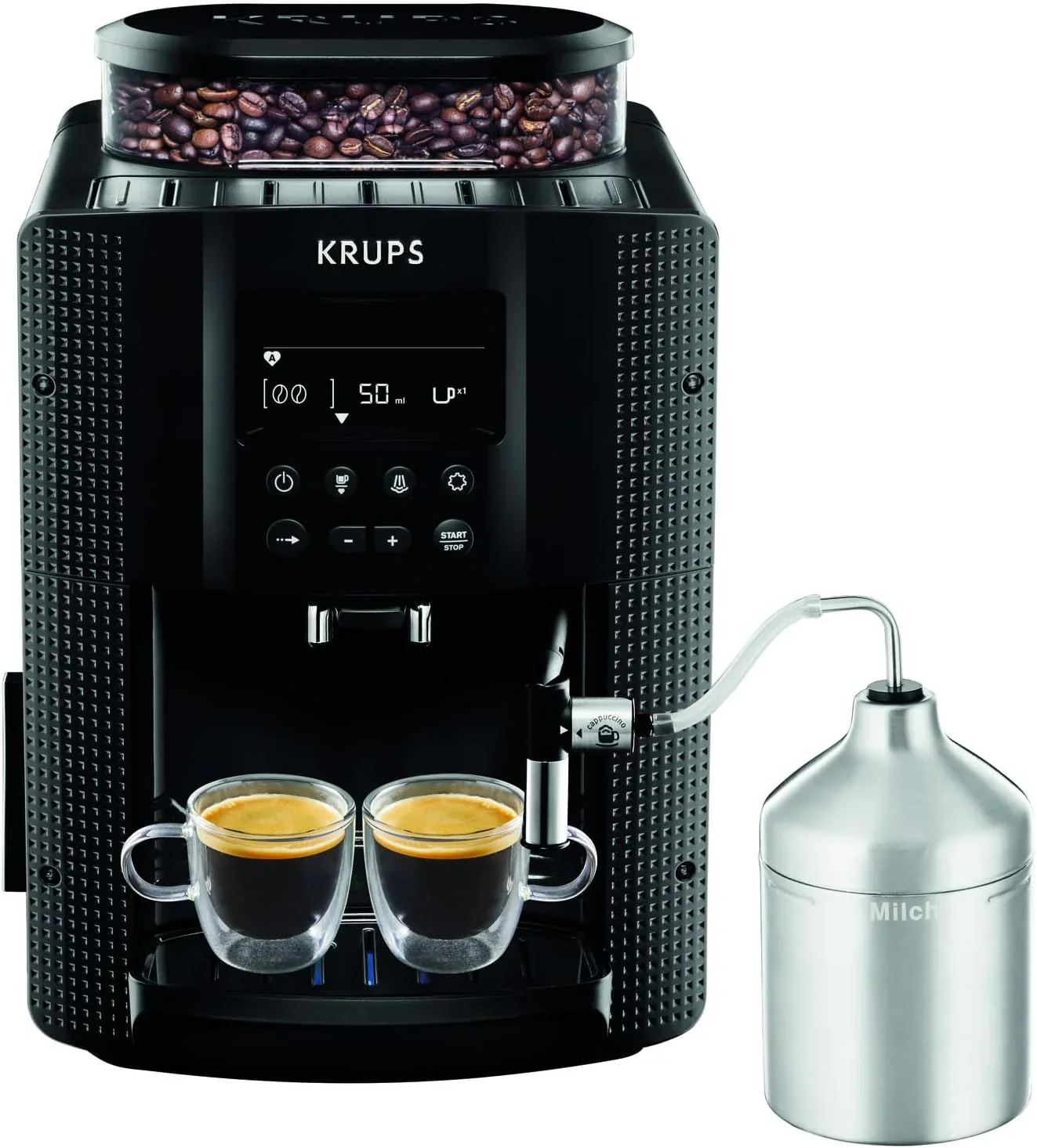 Krups Essential Kaffeevollautomat mit Milchschlauch, 2-Tassen-Funktion, LCD-Display, Einfache Reinigung, Kaffeemaschine, T��V-Siegel, Schwarz, EA816031