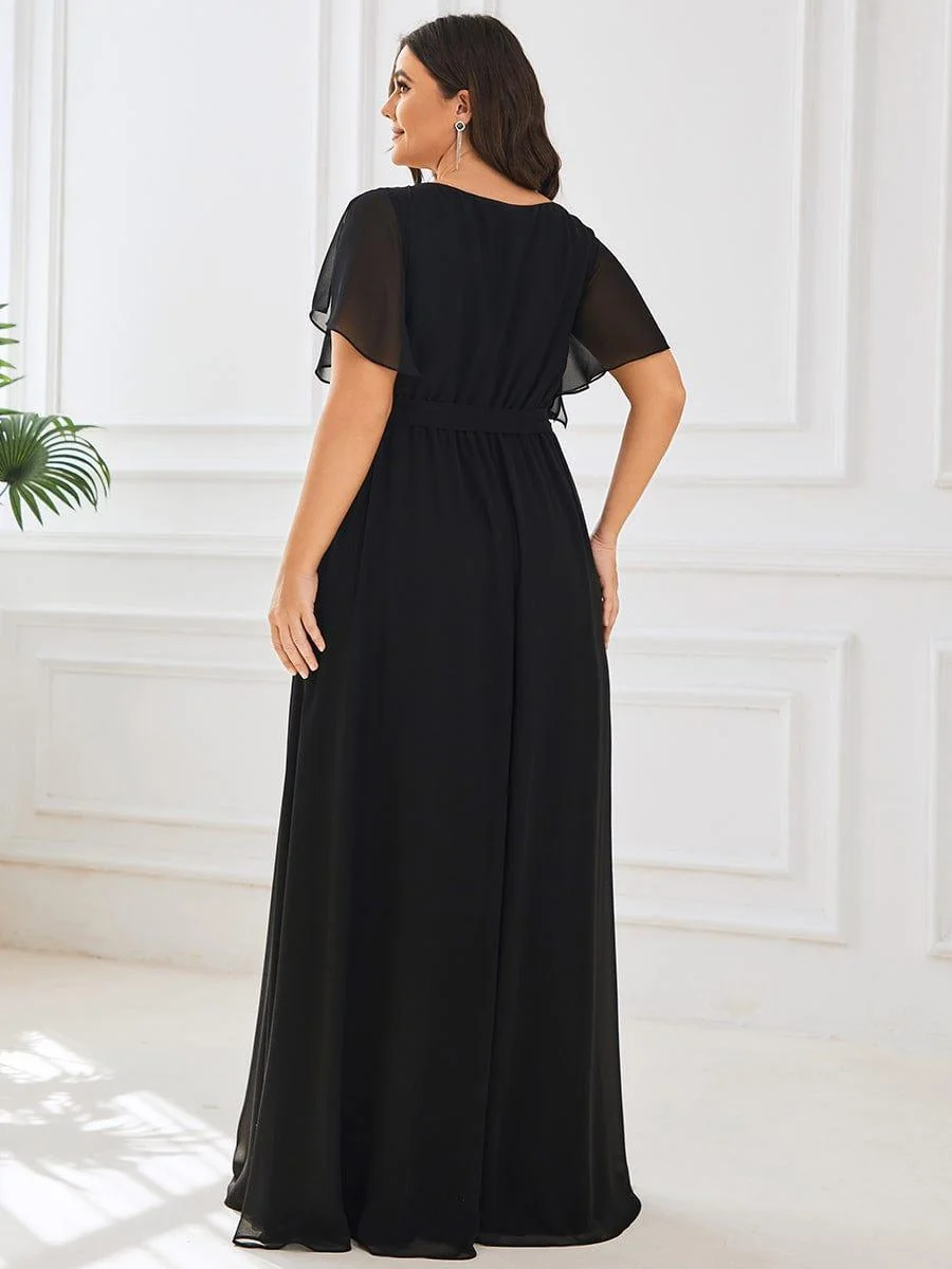 Abendkleid Damen Maxi A-Linie aus Chiffon | Festliches Kleid f��r Hochzeitsg?ste mit V-Ausschnitt und Fl��gel?rmeln