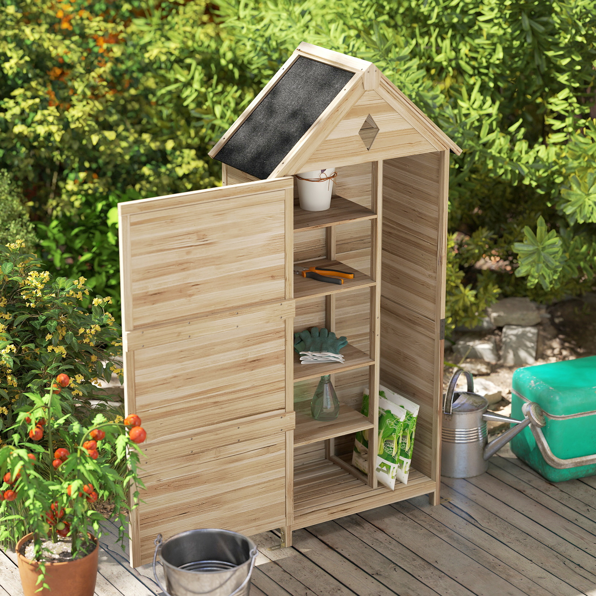 Tuinschuur met 4 Planken, Opslagschuur van Hout, Waterdicht Asfaltdak, 80 x 49 x 170 cm, Lichtbruin