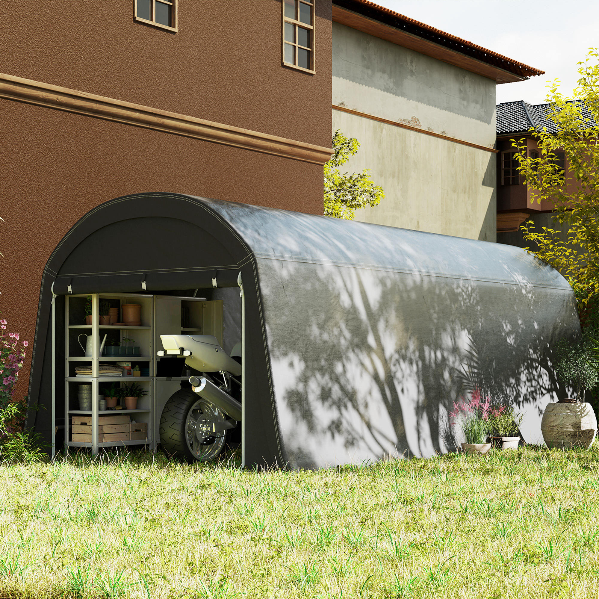 Tuinschuur met Kunststof Zeil, Gereedschapstent, Opzetbare Garage, 300B x 600D x 230H cm, Donkergrijs