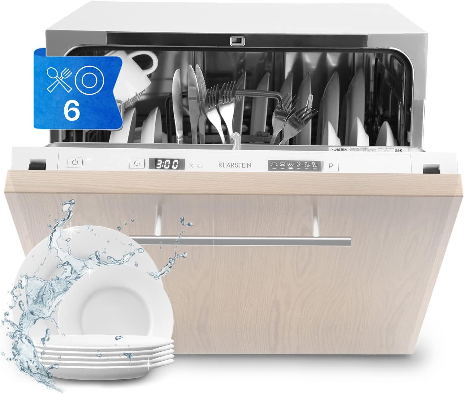 Klarstein  ia 8 - Spülmaschine, Geschirrspüler, Freistehend, Teilintegriert, F, 55 cm breit, 8 Maßgedecke, 6 Programme, Aquastop, silber