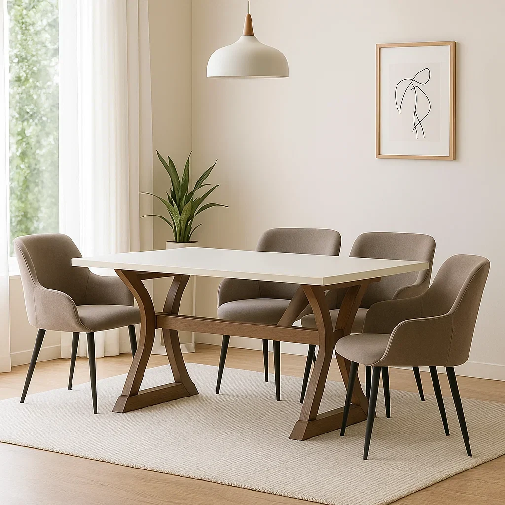 Spisest, 4 sder, tr og stof, beige, rektangulrt, med stole og bord, bordml 120x80x75 cm, stoleml 55x55x83 cm, til spisestue eller kkken - j0YT9DxGzujz