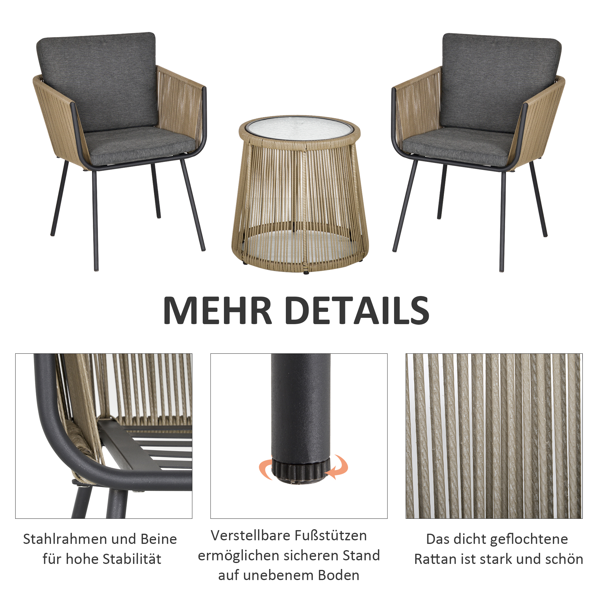 3-delige loungeset, 2 stoelen, bijzettafel, zit- en rugkussens, gehard glazen tafelblad, kunstrotan, grijs