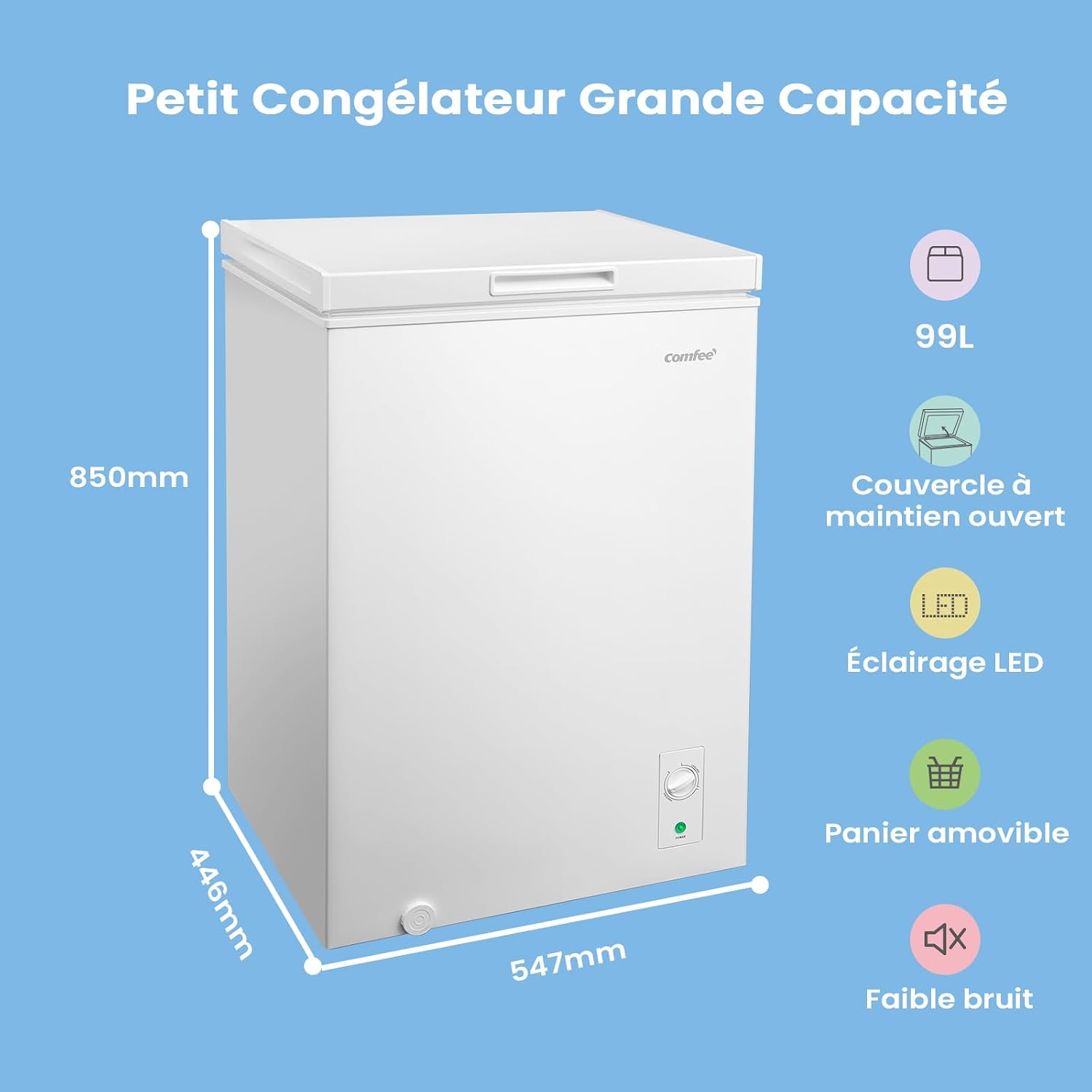 COMFEE' 99L Congelateur Coffre, Conversion Congélateur/Réfrigérateur, Blanc | Congélateur Coffre Autonome, Compresseur Inverter, Congélateur 4 Étoiles, Pour Dépendances/Garages