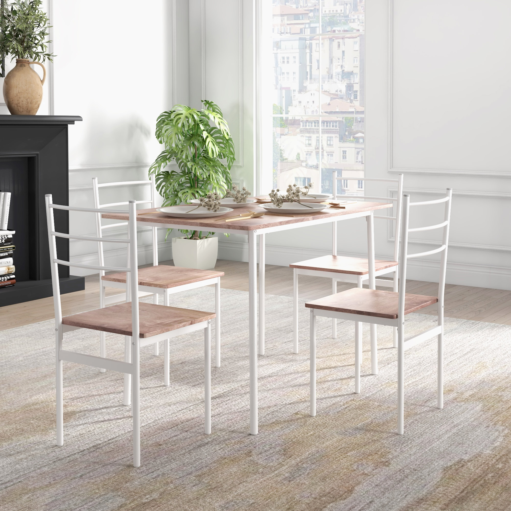 5-delige Eetgroep Eettafel met Stoelen Zitgroep, Modern Ontwerp, Natuur + Wit