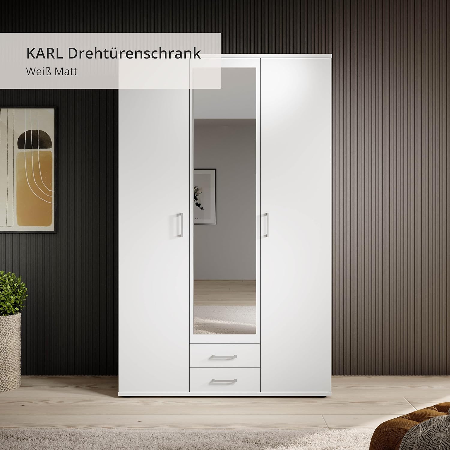 Stella Trading KARL Eleganter Kleiderschrank 3-türig mit viel Stauraum - Vielseitiger Drehtürenschrank in Weiß mit Spiegeltür - 120 x 195 x 55 cm (B/H/T)