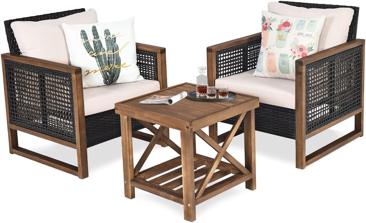 COSTWAY 3-częściowy zestaw mebli ogrodowych z drewna akacjowego, 2 fotele rattanowe i stolik pomocniczy, zestaw mebli do siedzenia z poduszkami pod plecy i poduszkami do siedzenia, zestaw do siedzenia