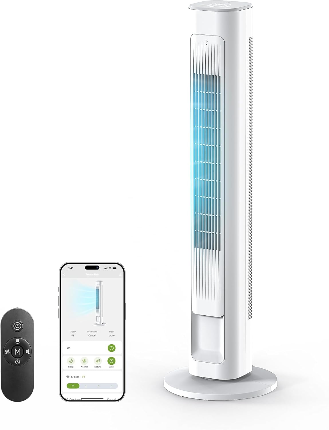FLANUR Turmventilator, 28dB Ventilator Leise mit Kühlung, 108cm WiFi Alexa Tower Fan mit Fernbedienung, 90° oszillierender Standventilator, 4 Geschwindigkeiten 12Std Timer, Weiß, 1 Pack + 4 Modi