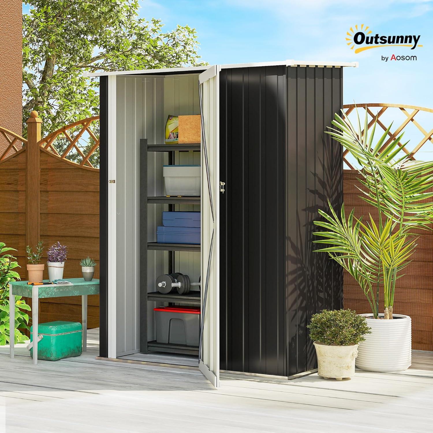 Outsunny Metall Gerätehaus 1,07 m² 142 x 86 x 189 cm Geräteschuppen mit Pultdach Abschließbarer Tür, wetterfest Gartenhaus Outdoor Garten Schuppen für Hinterhof Außenbereich Dunkelgrau