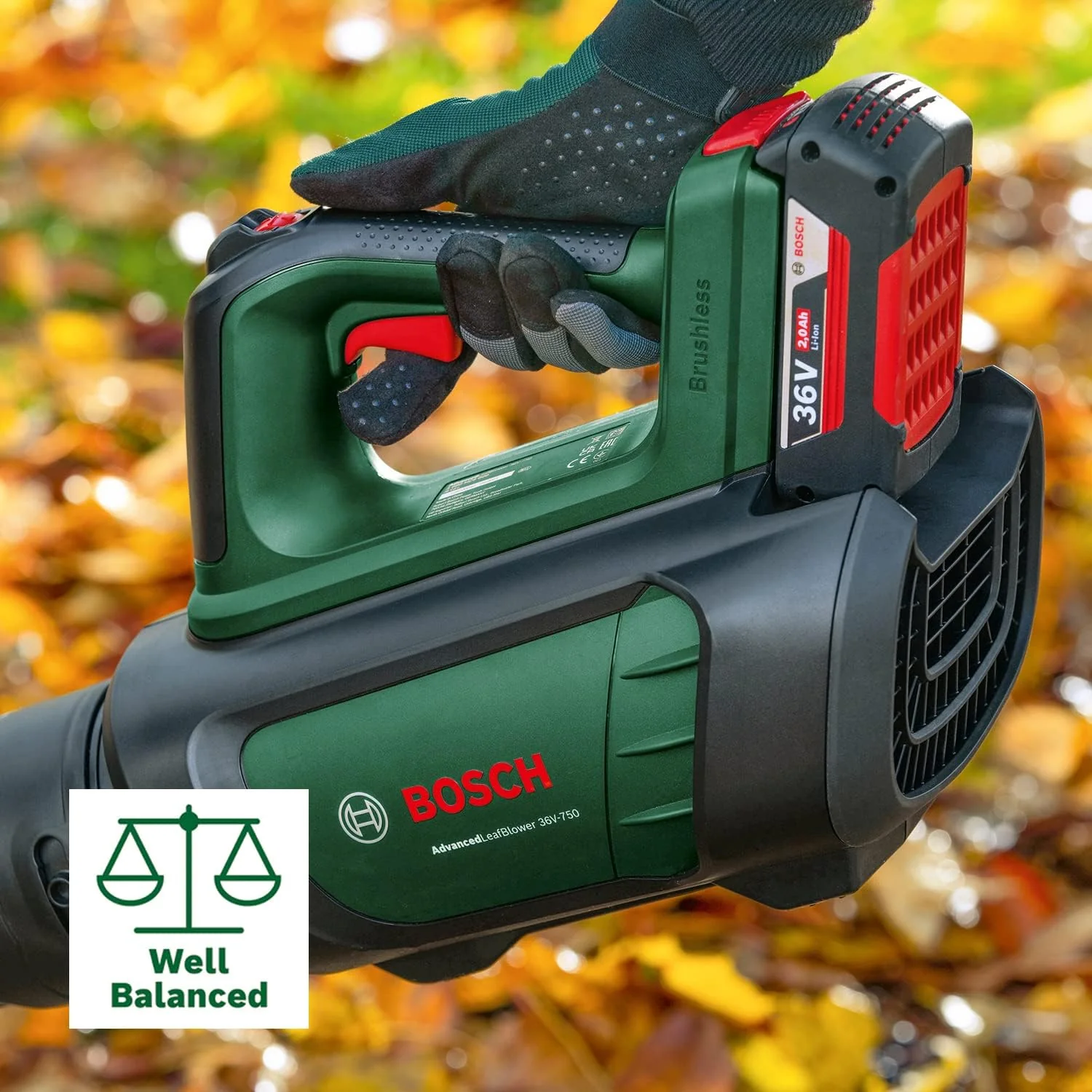Bosch Accu-bladblazer AdvancedLeafBlower 36V-750 (1x 2,0 Ah accu, 36 volt systeem, voor het verwijderen van hardnekkige bladeren op grote oppervlakken, laag gewicht: 2,8 kg, in doos)