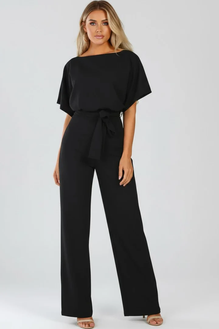 Damen Jumpsuit mit weitem Bein und G��rtel | Kurzarm Einteiler mit Rundhalsausschnitt | Flie?ender Hosenanzug f��r Damen