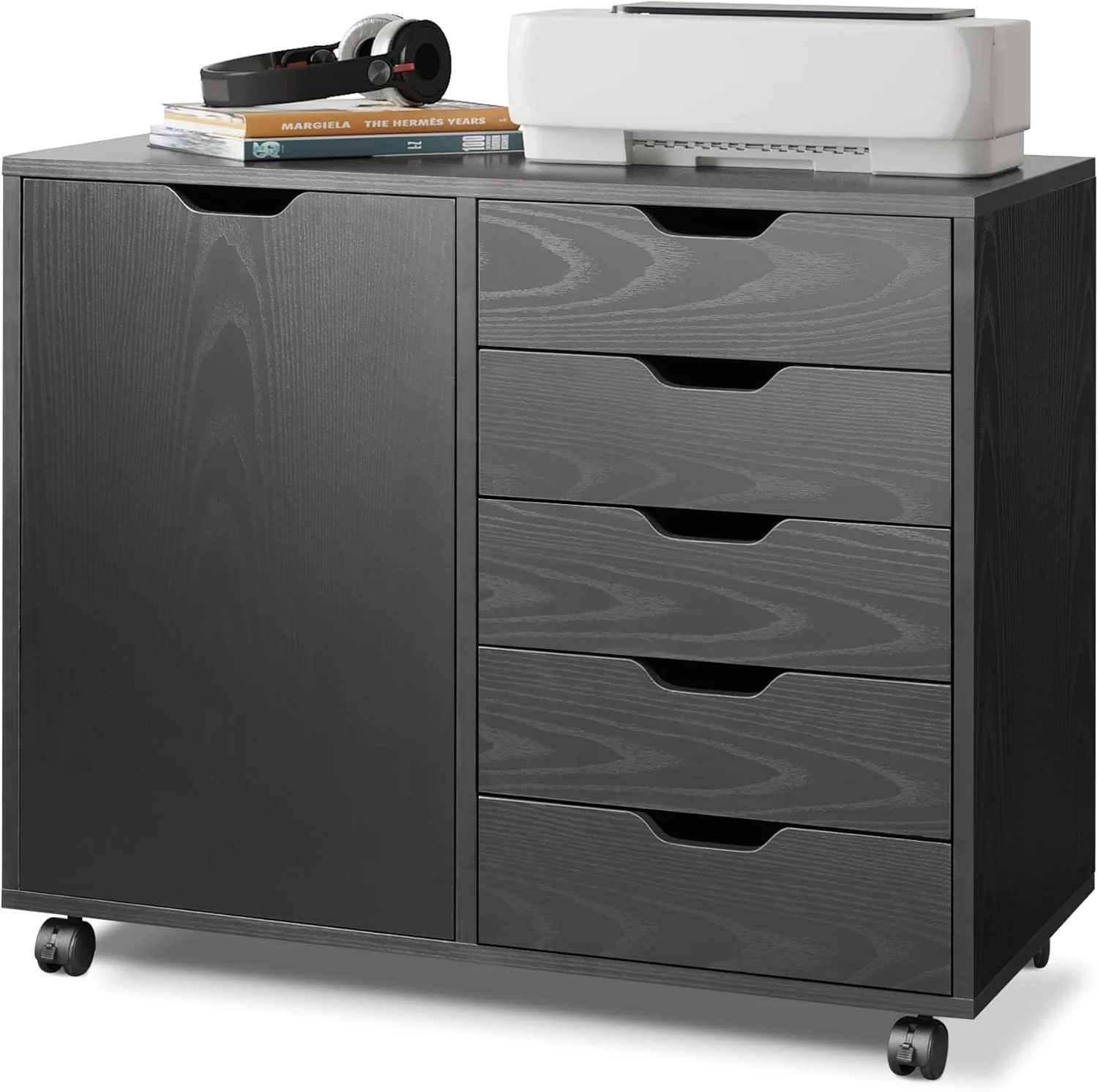 DEVAISE Mobile File Cabinet, 5-Drawer Wood Storage Chest with Door, Printer Stand