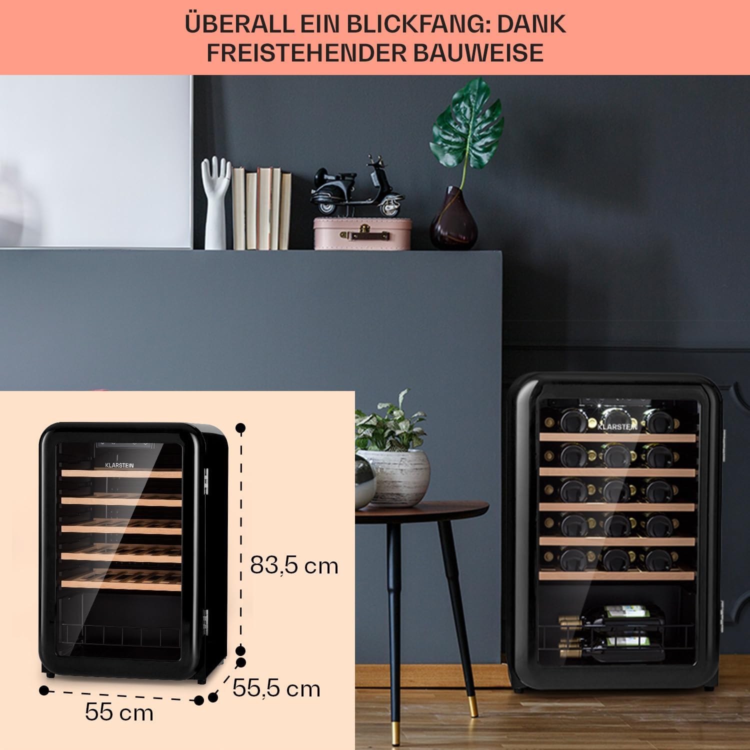 Klarstein Weinkühlschrank, Getränkekühlschrank Schmal, Kühlschrank mit Glastür, Getränkekühlschränke Freistehend, Weinkühlschrank Klein, Weinkühlschränke 1 Zone, UV-Schutz, 4-22 °C, 19 Flaschen