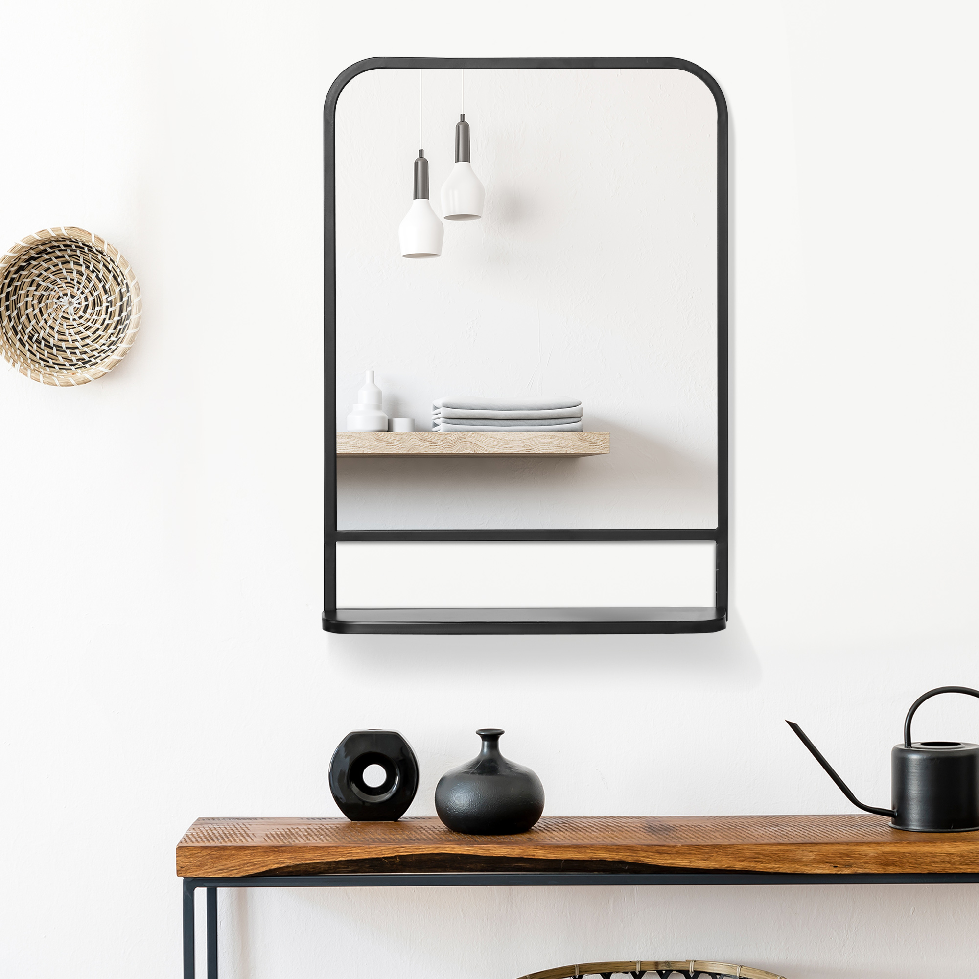 wandspiegel met metalen frame, afgeronde hoeken, 1 plank 70 cm x 10,2 cm x 50 cm zwart + zilver