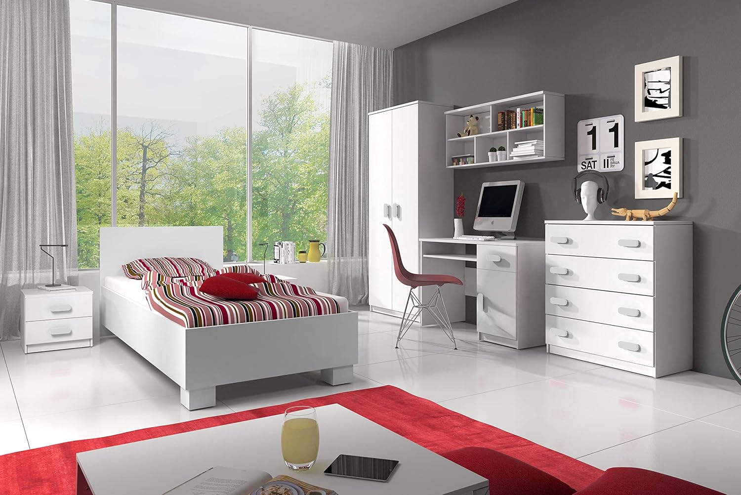 Fabryka Mebli Idźczak Kinderzimmer-Set Jonas I 01 - Schrank, Bett, Wandregal, Kommode, Schreibtisch, Nachttisch - Kleiderschrank - Skandinavischer Stil, Modern Design - Weiß