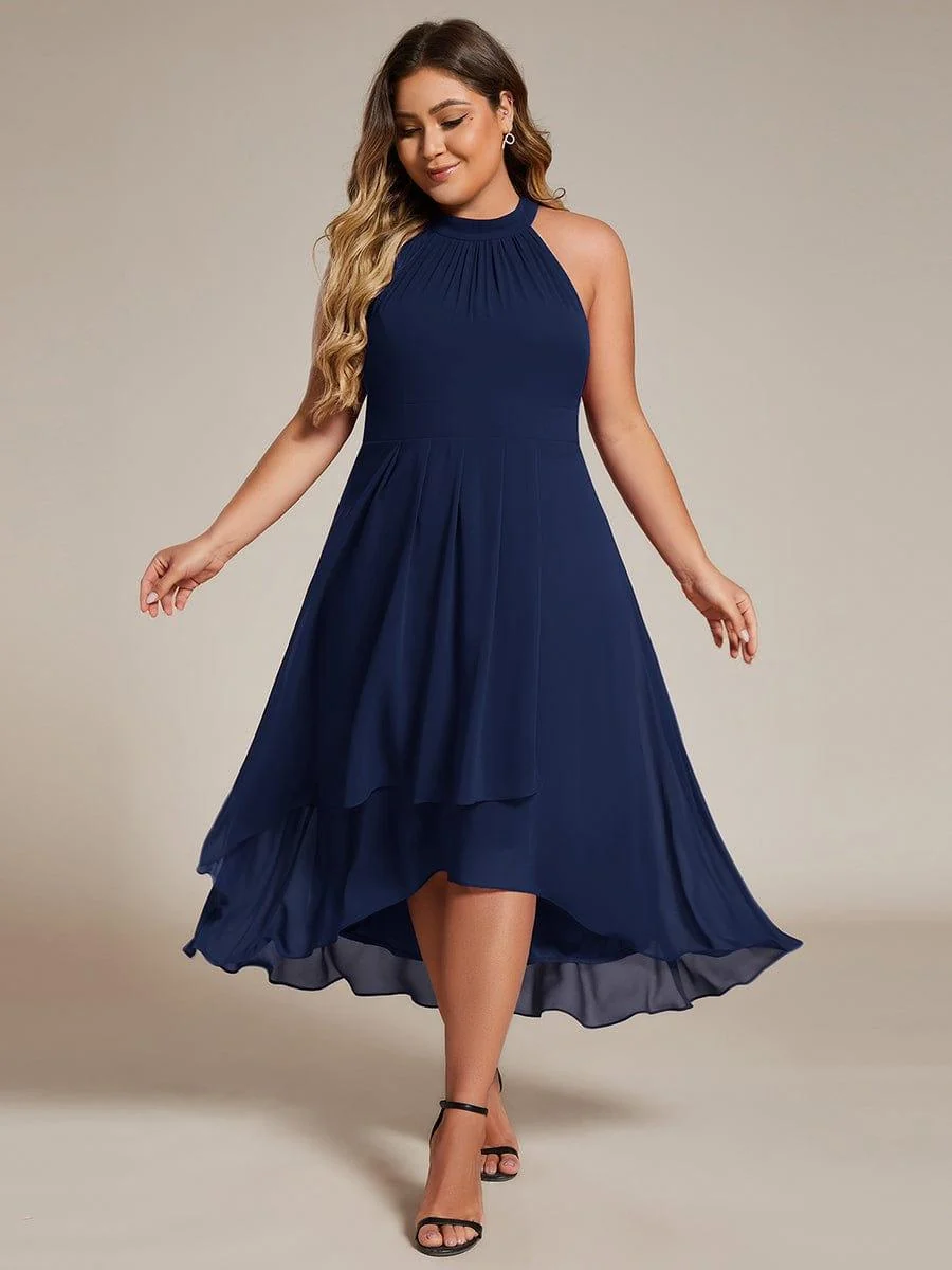 Damen Chiffon Midi-Kleid in A-Linie | Festliches Halterneck Kleid mit Plissee-Details | Sommerliches Kleid f��r Hochzeitsg?ste