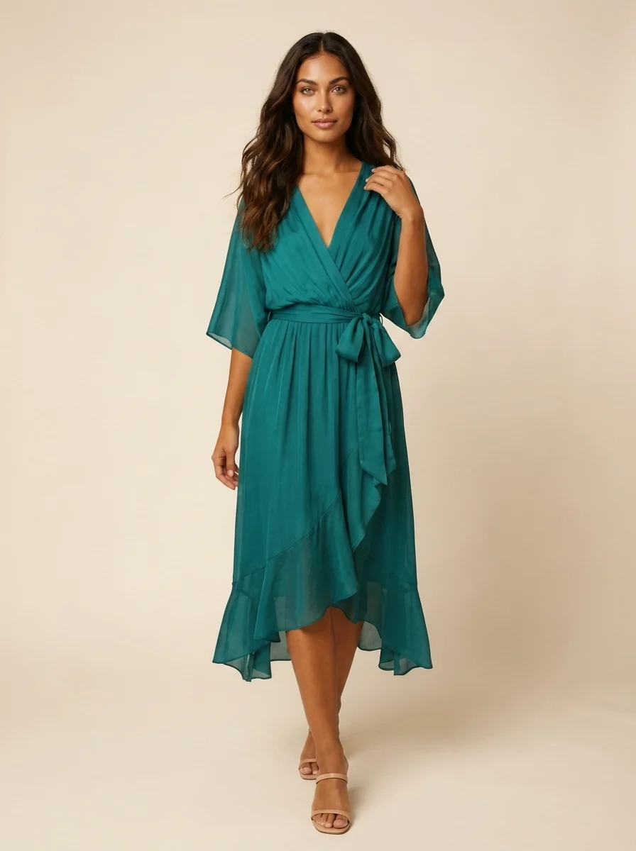 Damen Midi-Wickelkleid mit V-Ausschnitt | Flie?endes Kleid mit Bindeg��rtel und asymmetrischem Saum f��r Freizeit und Anl?sse