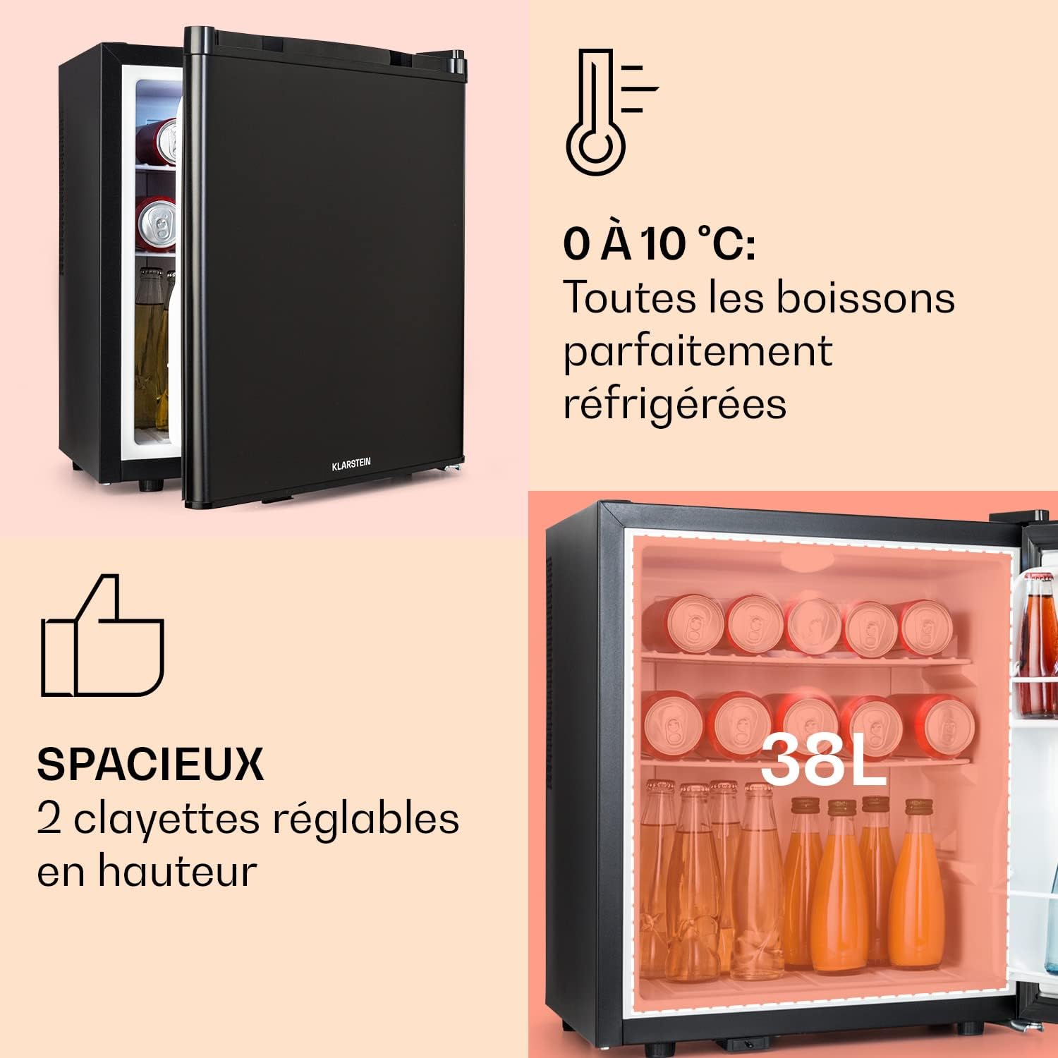 KLARSTEIN Mini Réfrigérateur pour Boissons, Snacks & Cosmétiques, Petit Minibar, Réfrigérateur Petit & Silencieux, Clayettes Réglables, Skincar 6-18°C, 38L