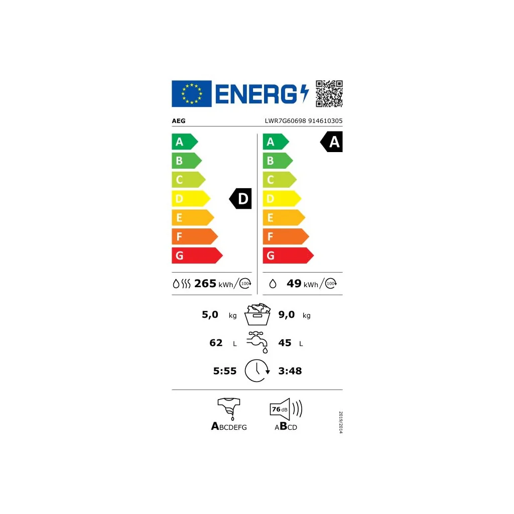 Electrolux AEG MDA was-droogcombinatie 9/5 kg LWR7G60698