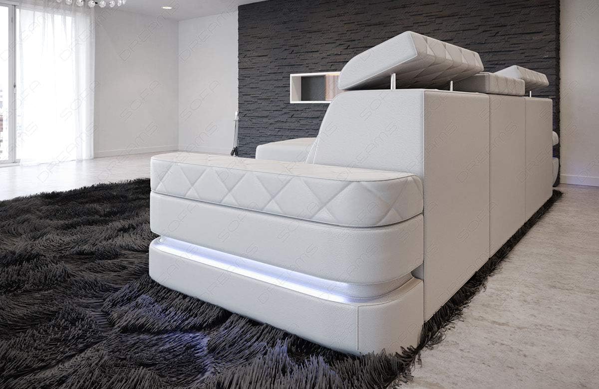 Sofa Bologna als Ecksofa in der L-Form Ledersofa mit USB-Anschluss Stauraum Beleuchtung Kopfstützen Designersofa Couch (Ottomane Links (auf Sofa blickend), White)