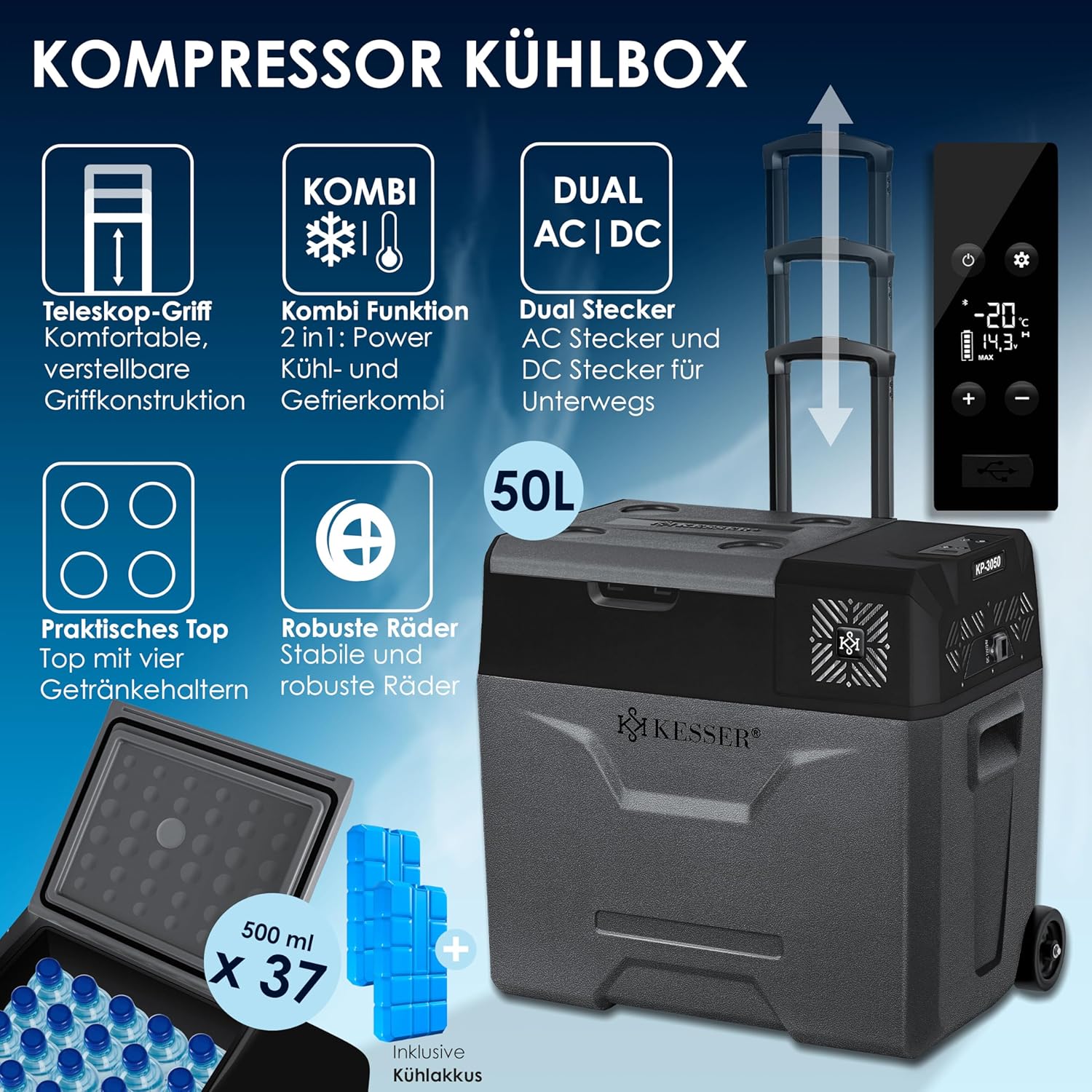 KESSER® Kompressor Kühlbox auto elektrisch 50L, Camping Kühlbox 12/24/230V mit APP-Steuerung, Gefrierbox bis –20 °C, Kühlbox mit Rädern & Teleskopgriff für Camping, Wohnmobil, LKW & Boot + 2 Kühlakkus