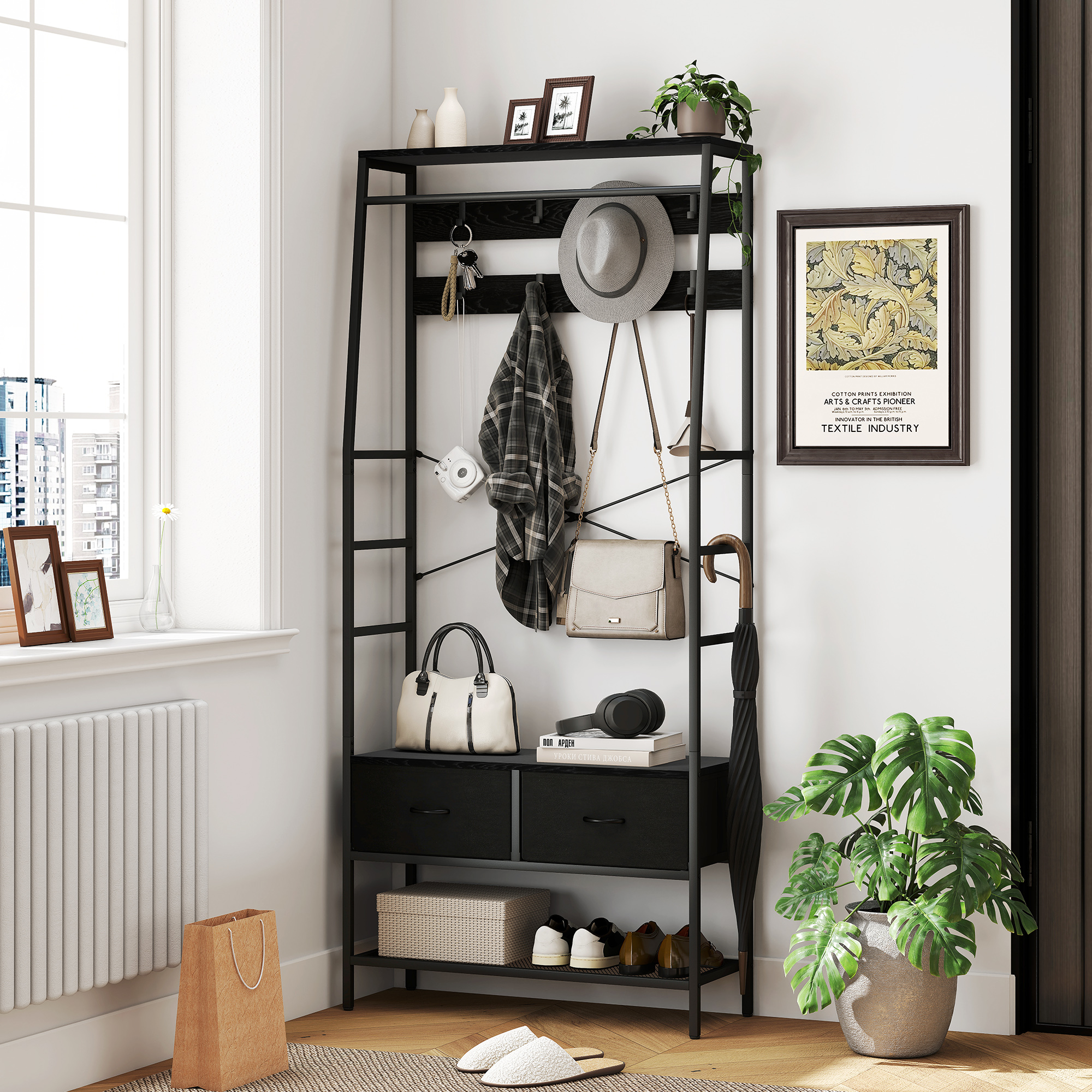 Kapstok met Schoenenrek in Industri?le Stijl, Kledingrek met 2 Stoffen Lades, 8 Haken, Metalen Frame, Zwart