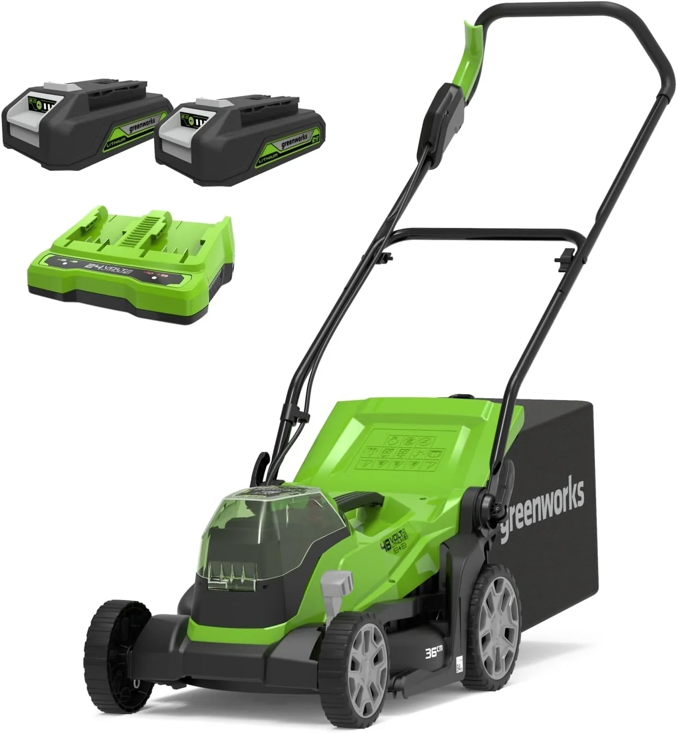 Greenworks 48V (2x24V) Selbstfahrender Akku Rasenmher f��r groe Flchen bis zu 480m, 46cm Schnittbreite, 55L Sack PLUS zwei 4Ah-Akkus und Doppelladegert GD24X2LM46SPK4X