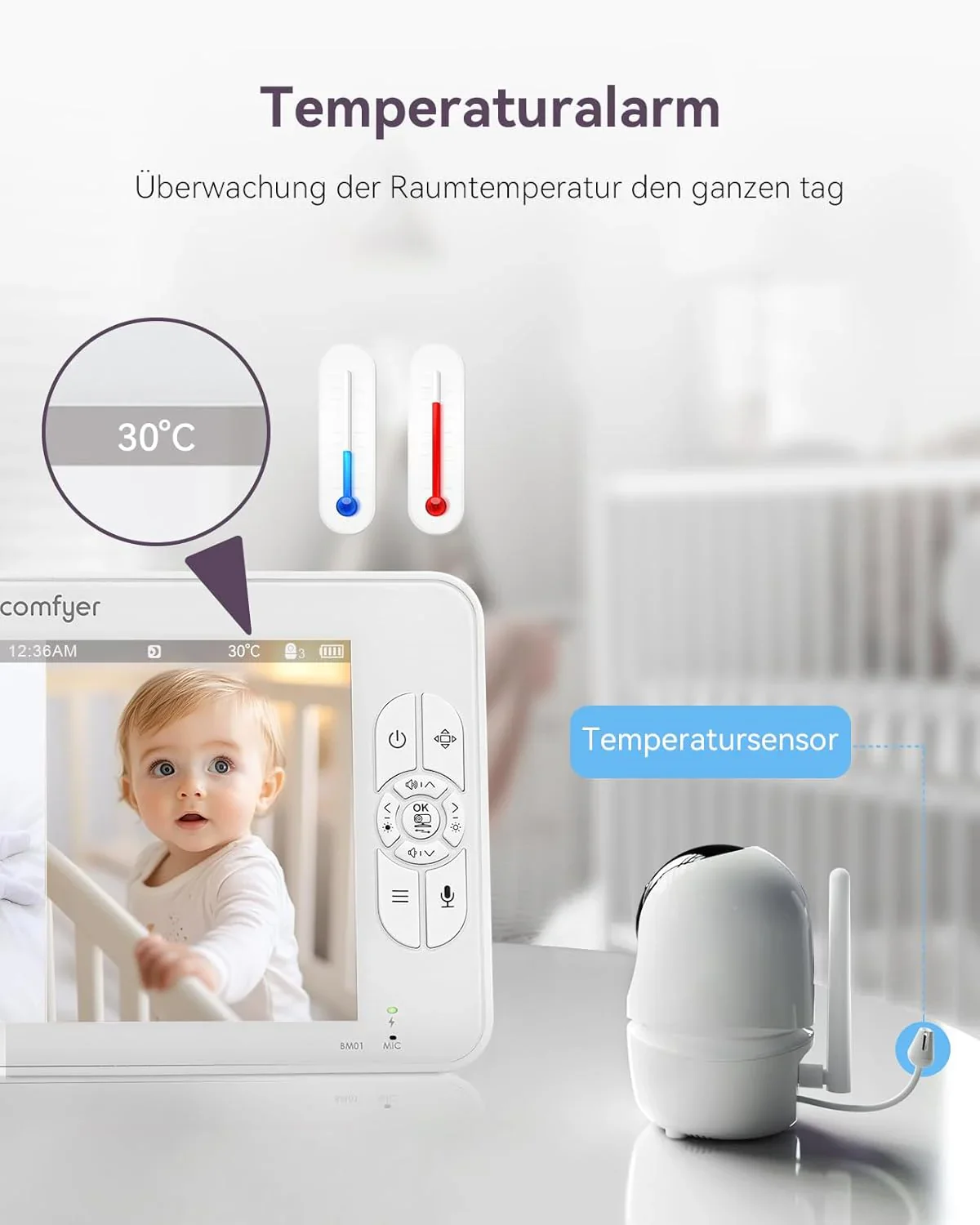 Comfyer Split-Screen Babyphone mit 2 Kameras, 7 HD 720P Video Babyphone ohne WLAN mit Halterung, IR-Nachtsicht Weitwinkelobjektiv Vox-Modus 2-Wege-Audio 960 Fu? Reichweite Video��berwachungsger?te