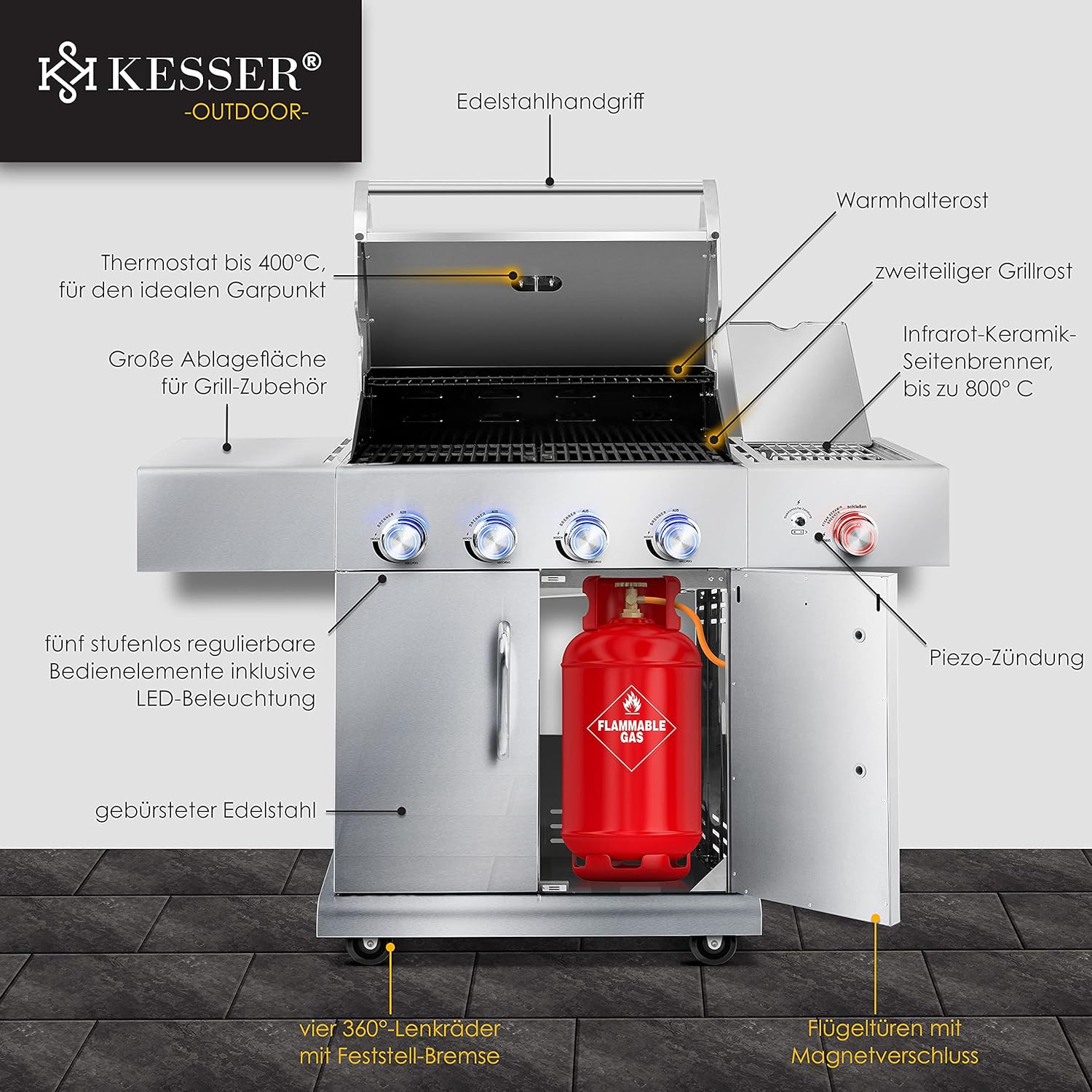 KESSER® Gasgrill mit 4 Brenner + 1x Infrarot Keramik Seitenbrenner & Piezo-Zündung | bis 800°C BBQ Grillwagen aus Edelstahl inkl. Grillrost (66cm) aus Gusseisen, Grillthermometer & Gas-Schlauch