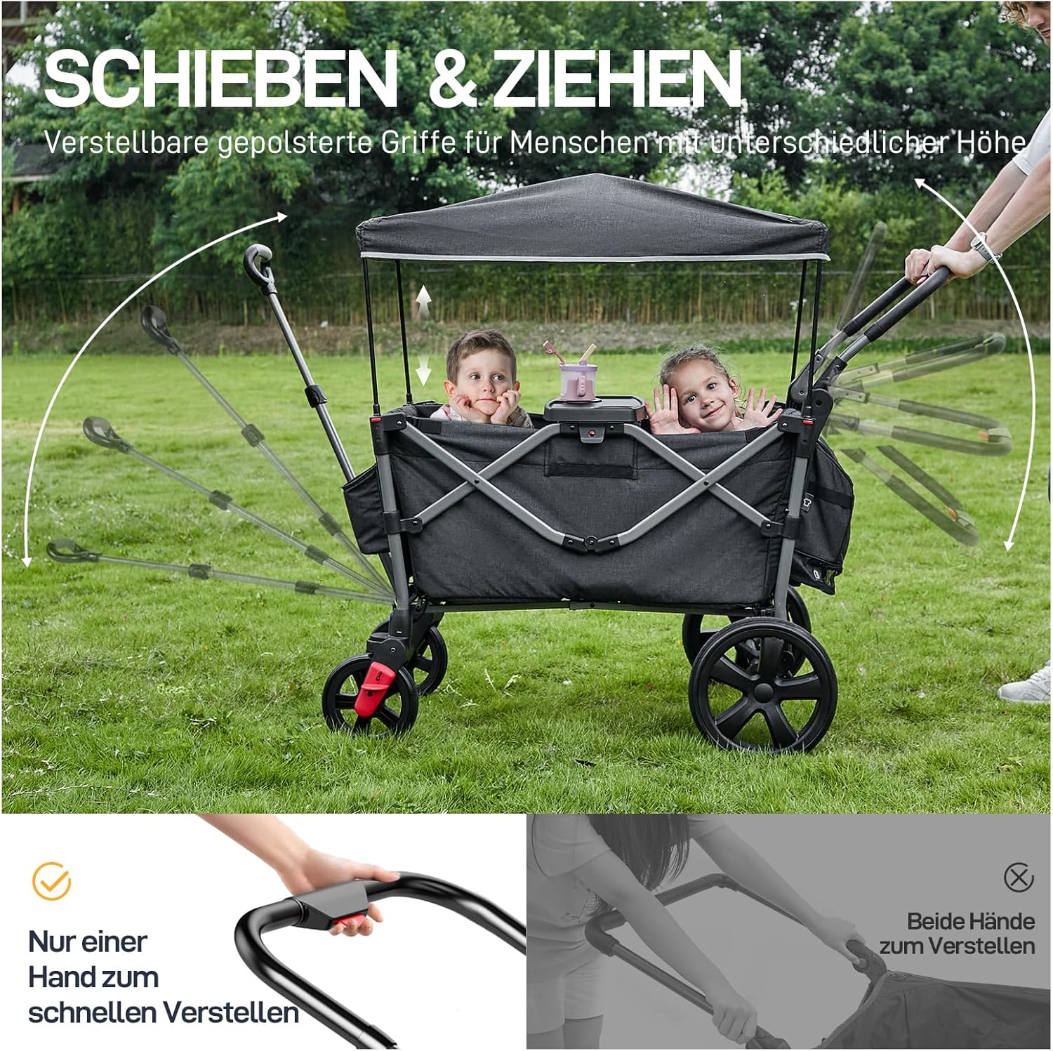 EVER ADVANCED Bolderkar voor 2 kinderen Opvouwbaar met dak, kinderwagen 2x5-punts veiligheidsgordel met luiertas, bolderkar met zitje, handwagen transportwagen, trekken & duwen, voetrem