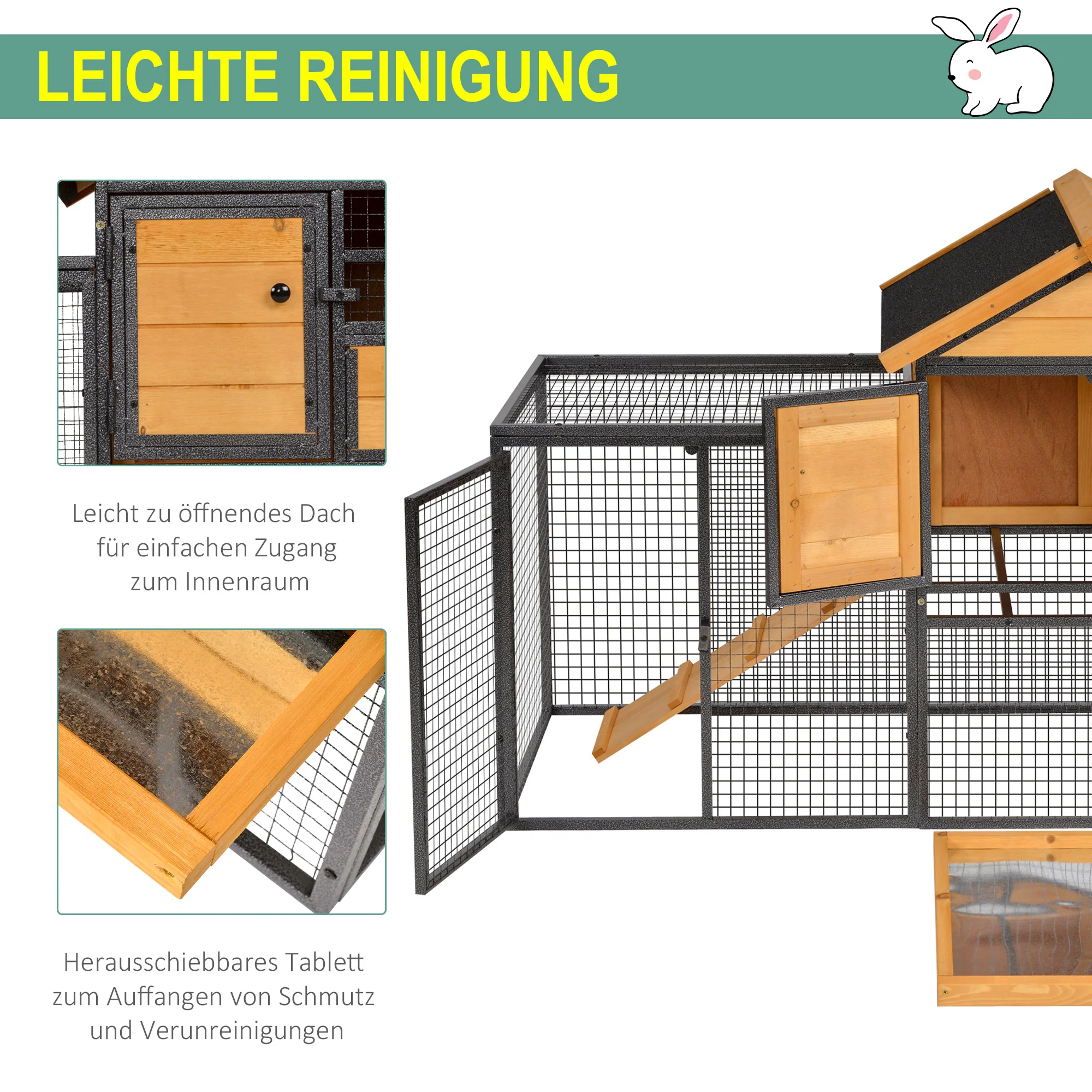 Konijnenhok verhoogd huisje met afsluitbare deur buiten hout metaal