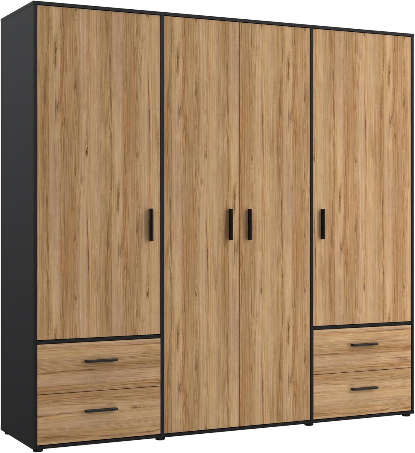 FORTE Jupiter Schrank 200 210, Kleiderschrank, Drehtürenschrank, 4-türig, mit 4 Schubladen und Einlegeböden, Schwarz mit Holz Dekor: Catania Eiche, 206 cm breit x 53 cm tief x 200 cm hoch