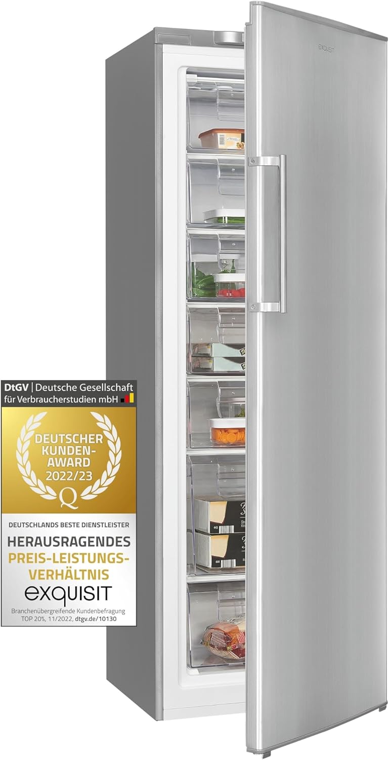 Exquisit Gefrierschrank GS280-HE-040D inoxlook | Tiefkühlschrank Gross 242 Liter | 4* Schnellgefrieren | Gefrierschrank Gross | Türanschlag wechselbar