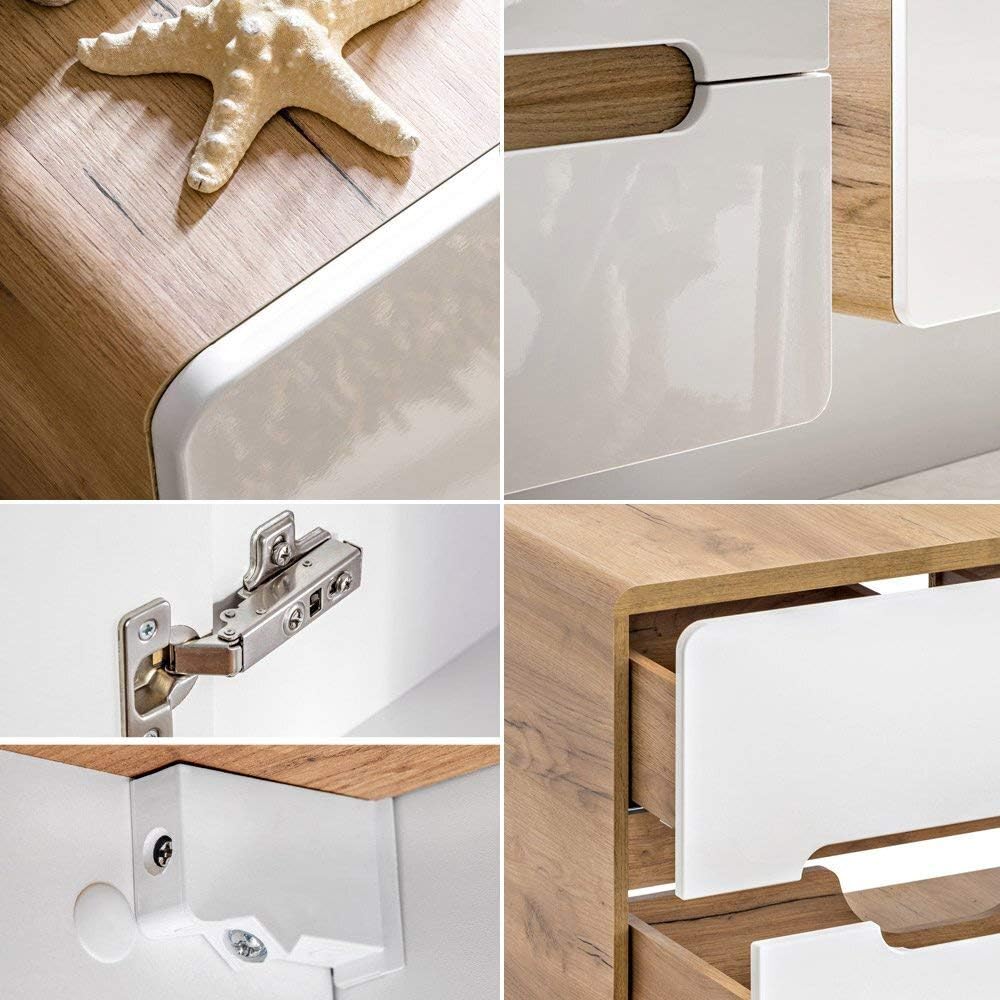Lomadox Badmöbel Set in Hochglanz weiß mit Wotan Eiche Nb., Keramik-Waschtisch mit 81 cm Unterschrank, LED-Spiegelschrank, Hängeschränke, Hochschrank