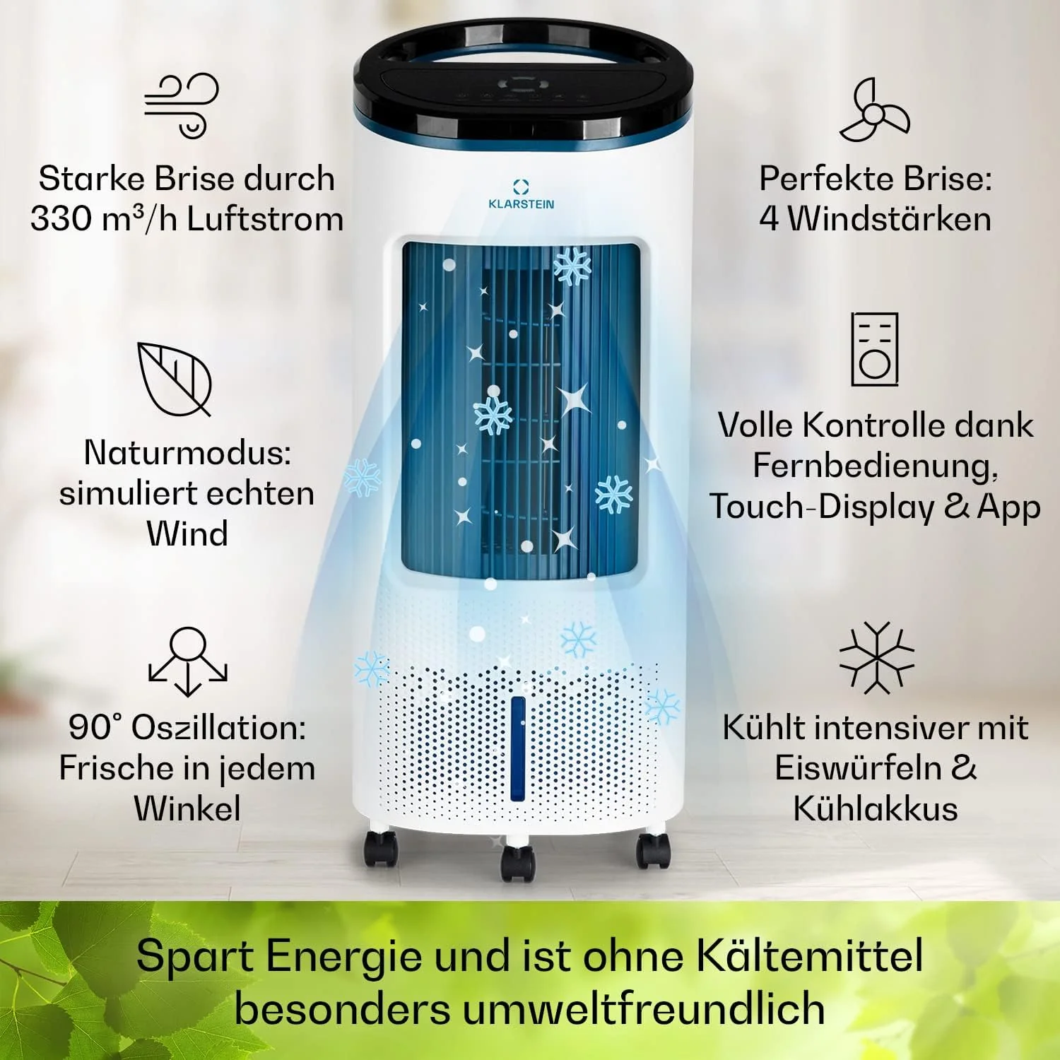 Klarstein Luftk��hler mit Wasserk��hlung, Leiser 4-in-1 Verdunstungsk��hler, Luftbefeuchter, Ventilator & Nachtmodus, Mobile Klimager?te Luftk��hler 7L, 65W Air Cooler, 330m3/h K��hlender Luftstrom